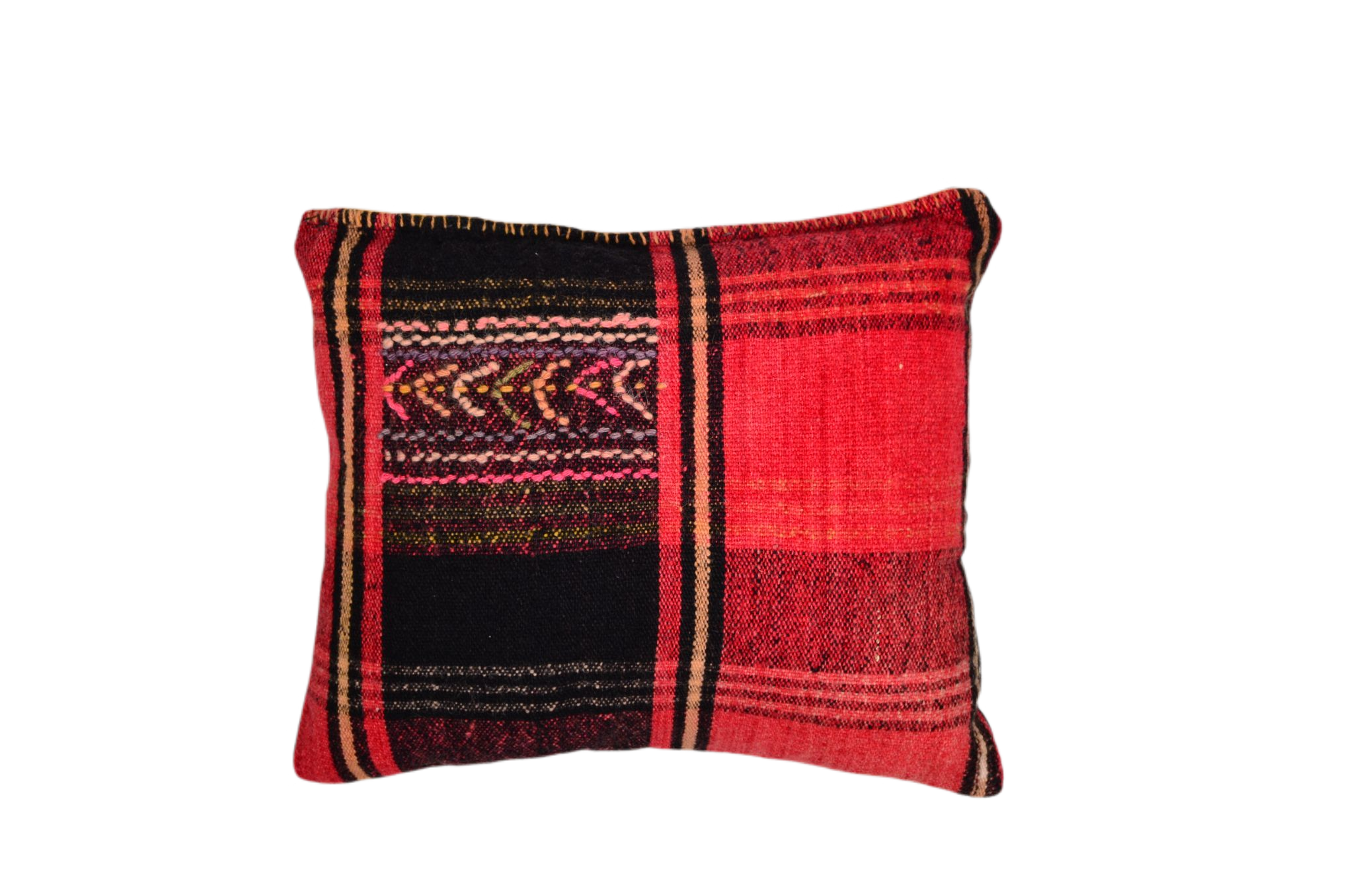 Artifact textile pillow, handwoven in Bulgaria, wool with woven details.
