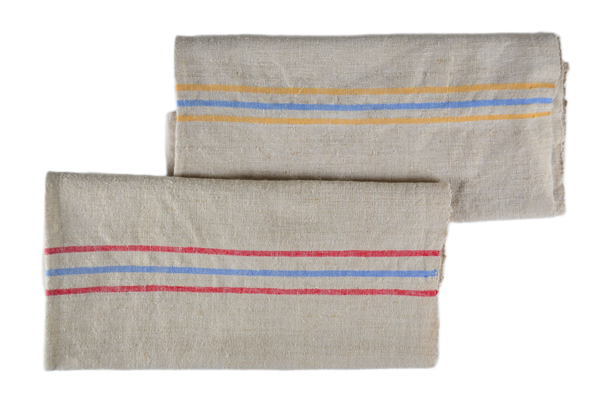 Handwoven antique Hungarian hemp towels with colorful stripes.