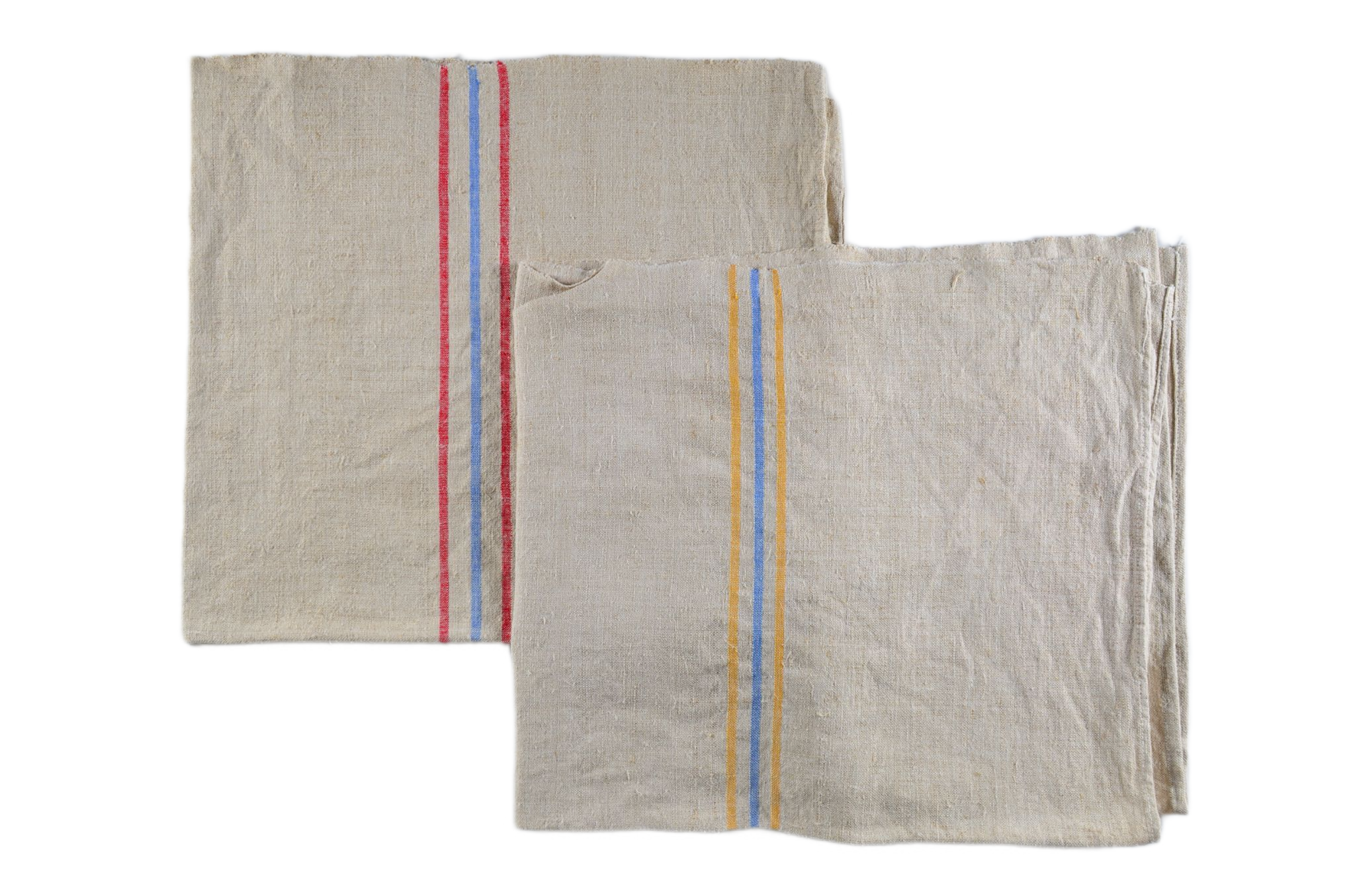 Handwoven antique Hungarian hemp towels with colorful stripes.