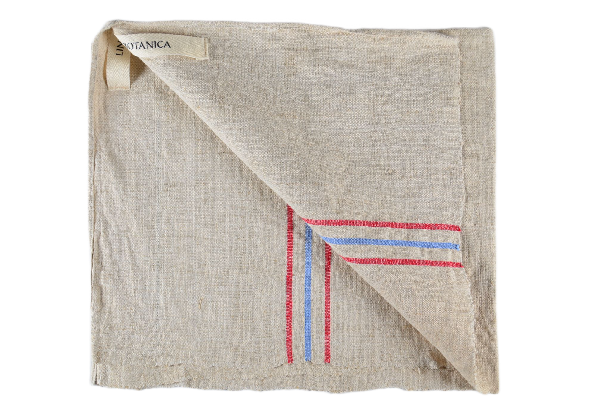 Handwoven antique Hungarian hemp towel with red and blue stripe accents.