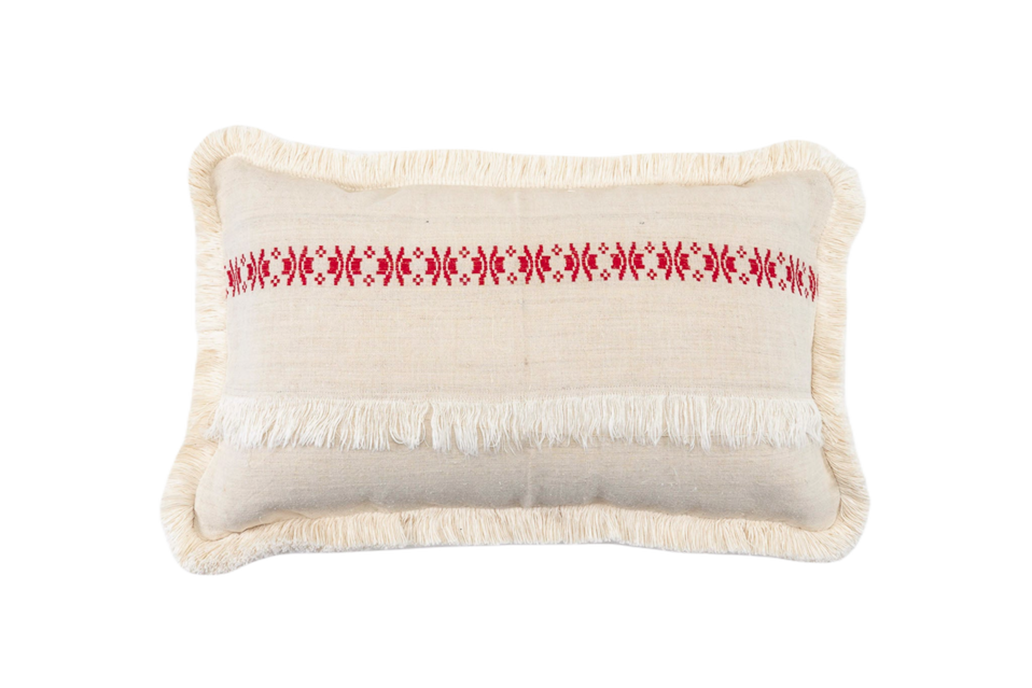 Embroidered antique handwoven Hungarian hemp pillow with intricate red stitching.
