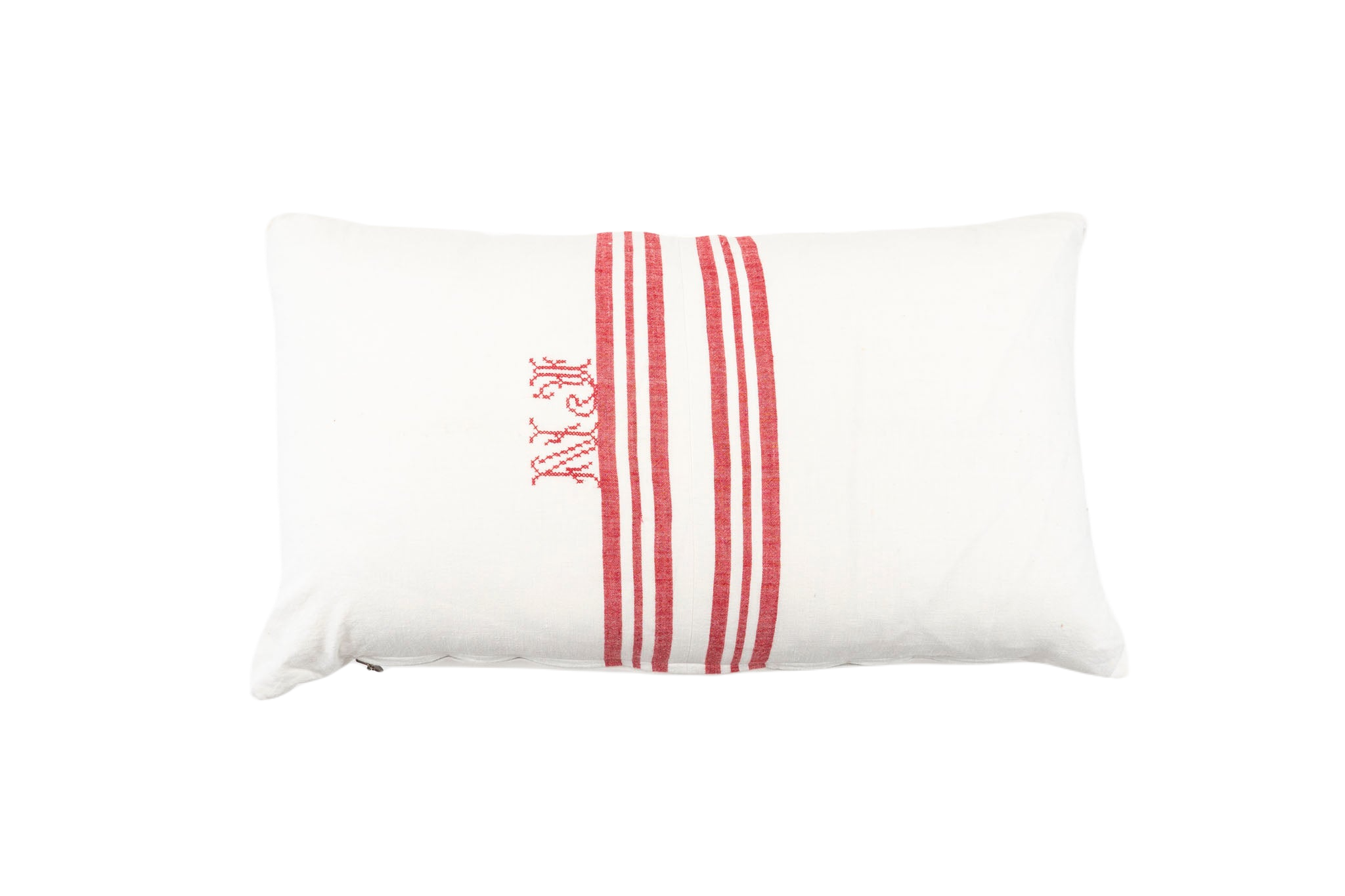 embroidered handwoven antique Hungarian hemp pillow with red stripe detailing