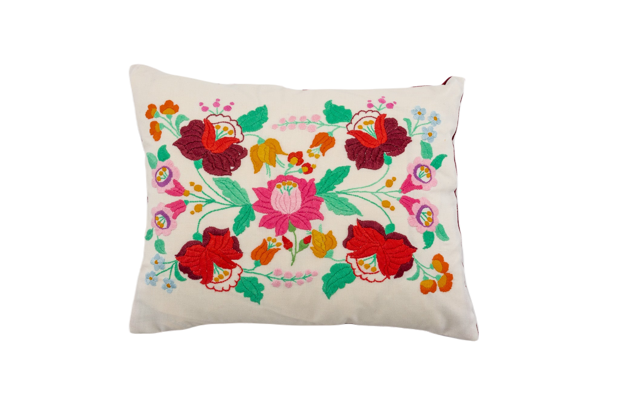 Embroidered handwoven antique Hungarian hemp pillow with floral design.