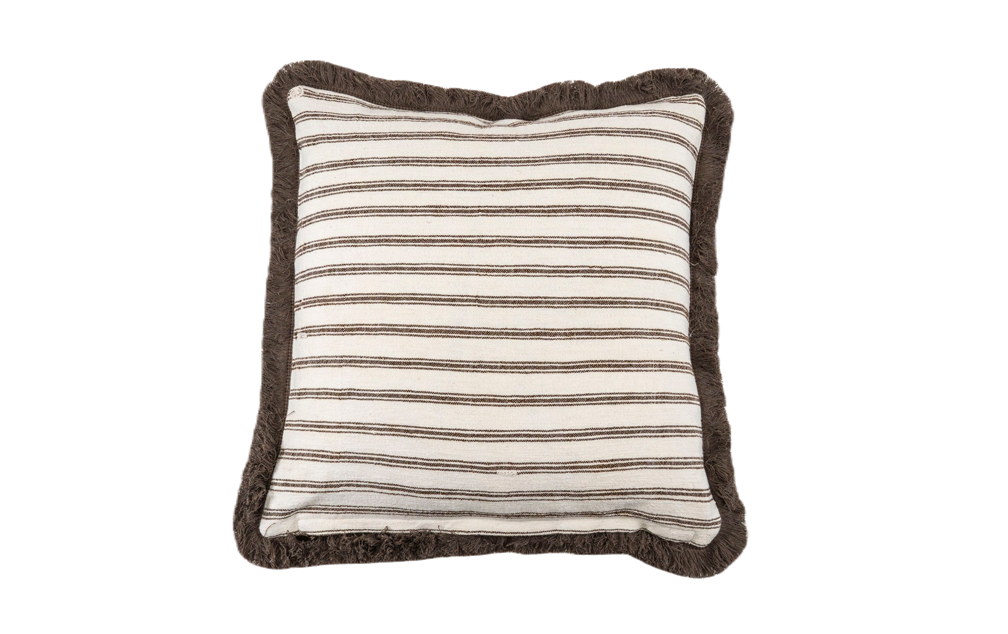 Handwoven Bulgarian cotton pillow with intricate patterns and fringe edging.