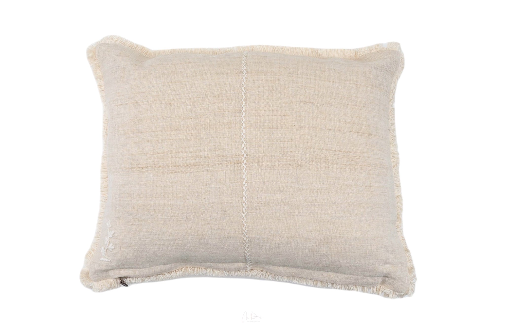 Handwoven antique Hungarian hemp pillow with neutral tones and rustic charm, 20x20 inches.
