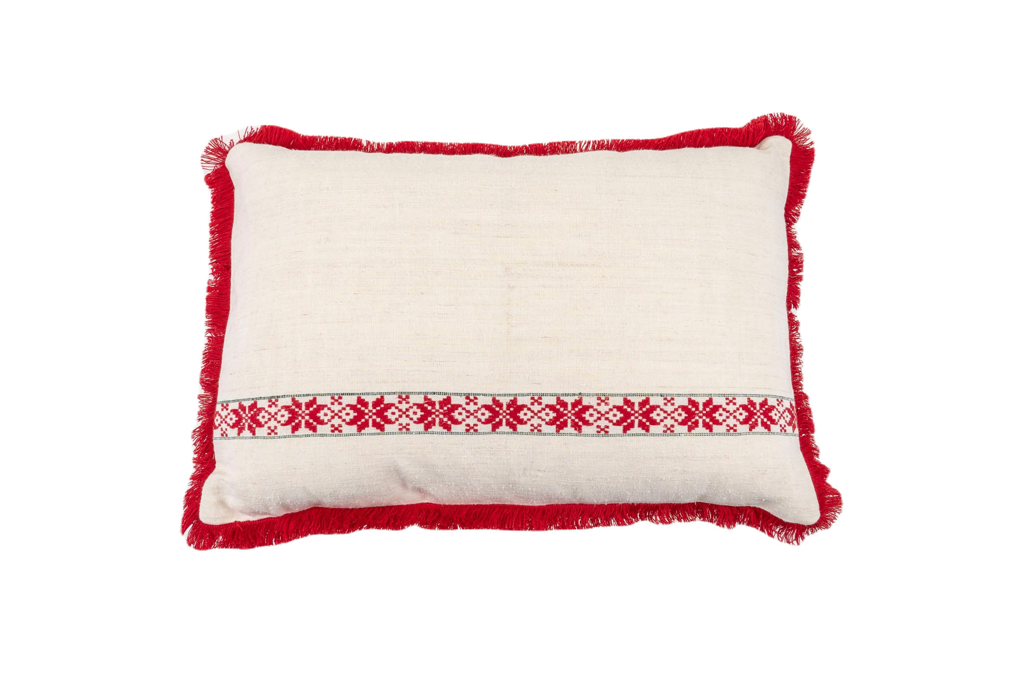 Embroidered antique handwoven Hungarian hemp pillow with red fringe and geometric pattern.