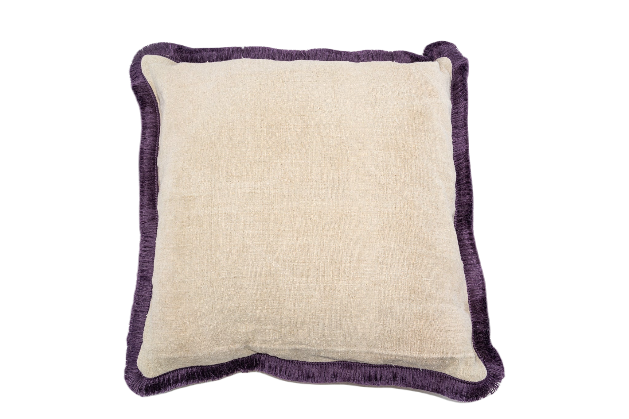 Handwoven antique Hungarian hemp pillow with purple fringe.