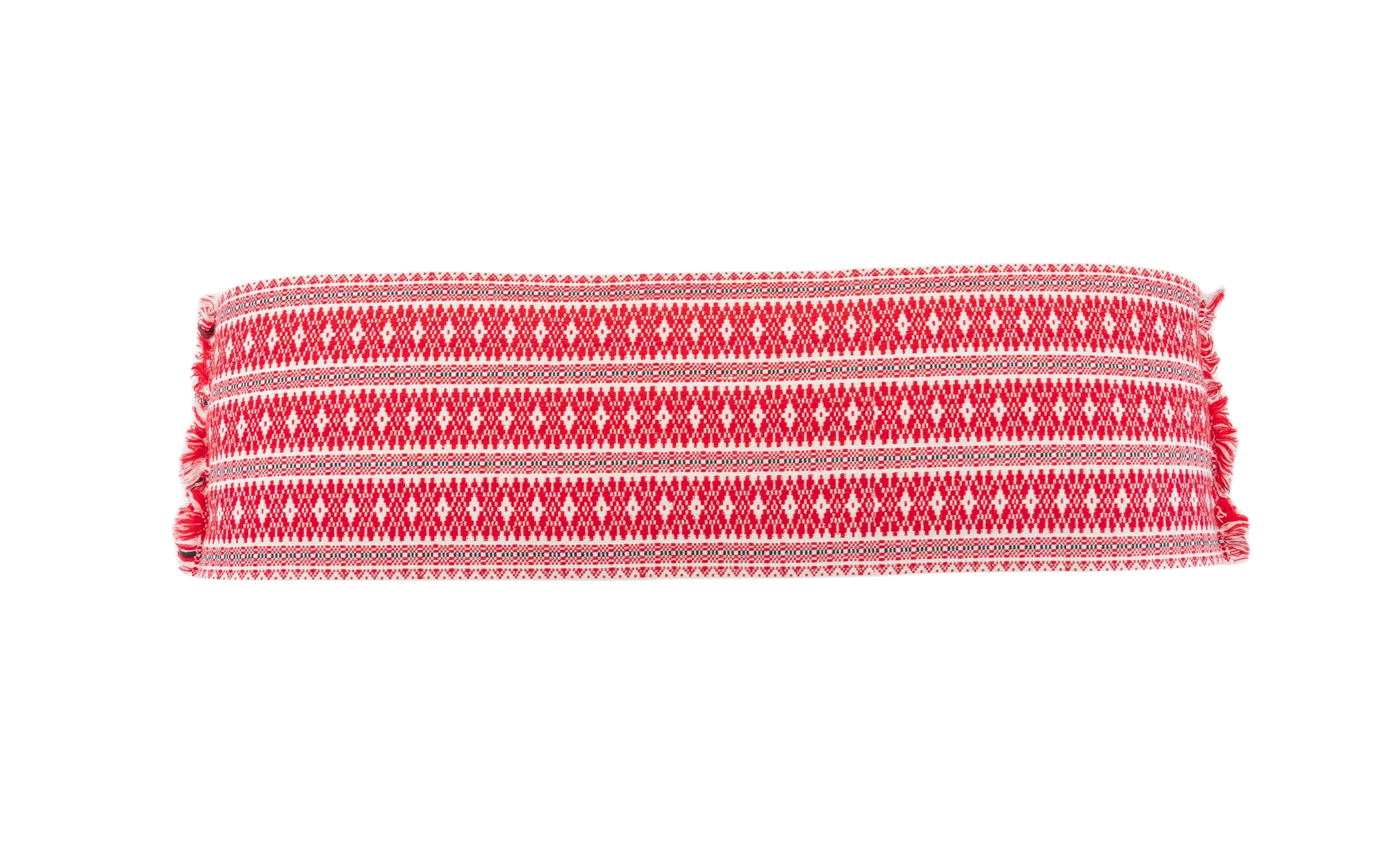 Handwoven antique Hungarian hemp pillow with red and white diamond pattern.