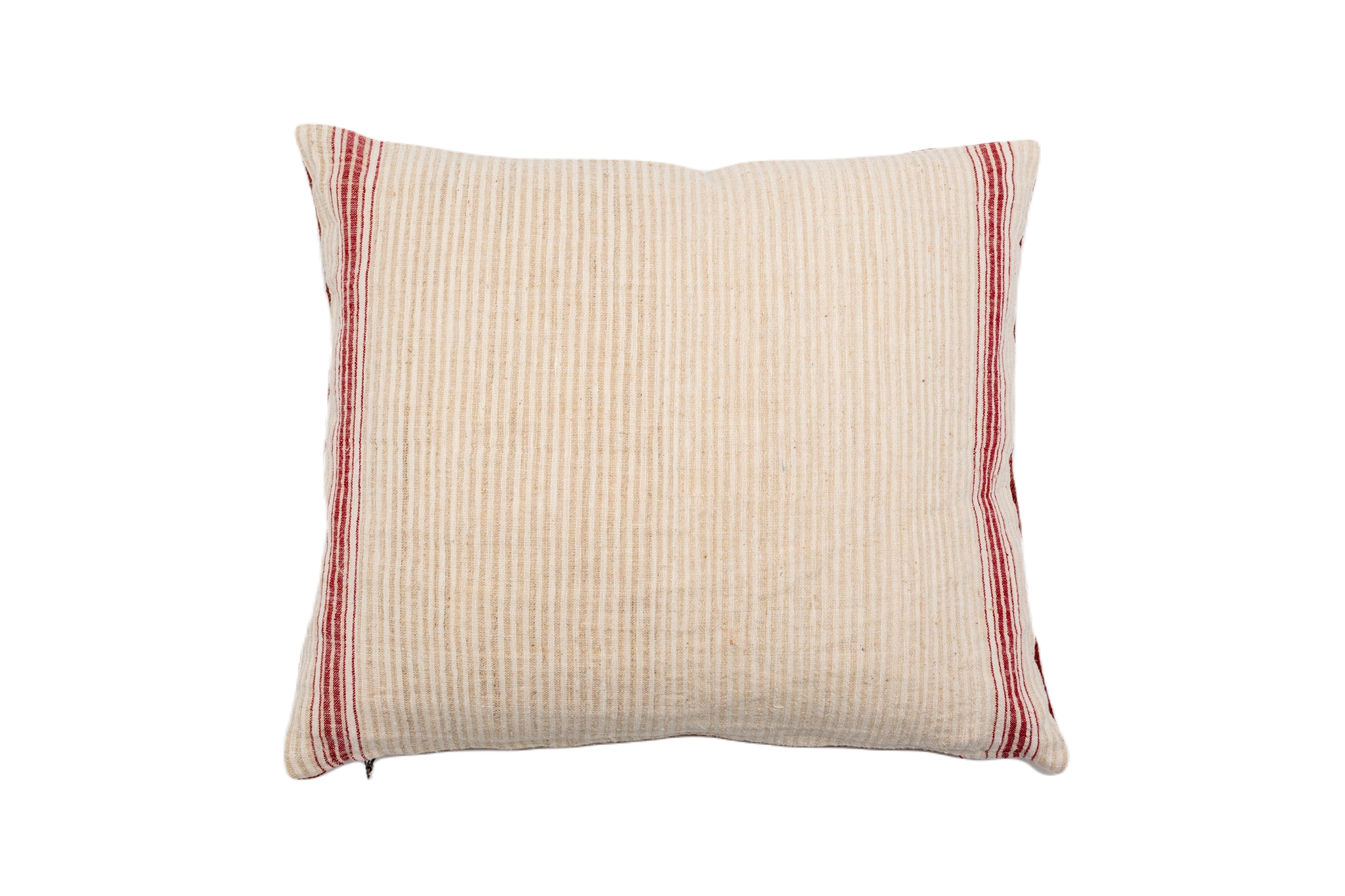 Antique handwoven decorative pillow with red stripes, cotton and linen blend.