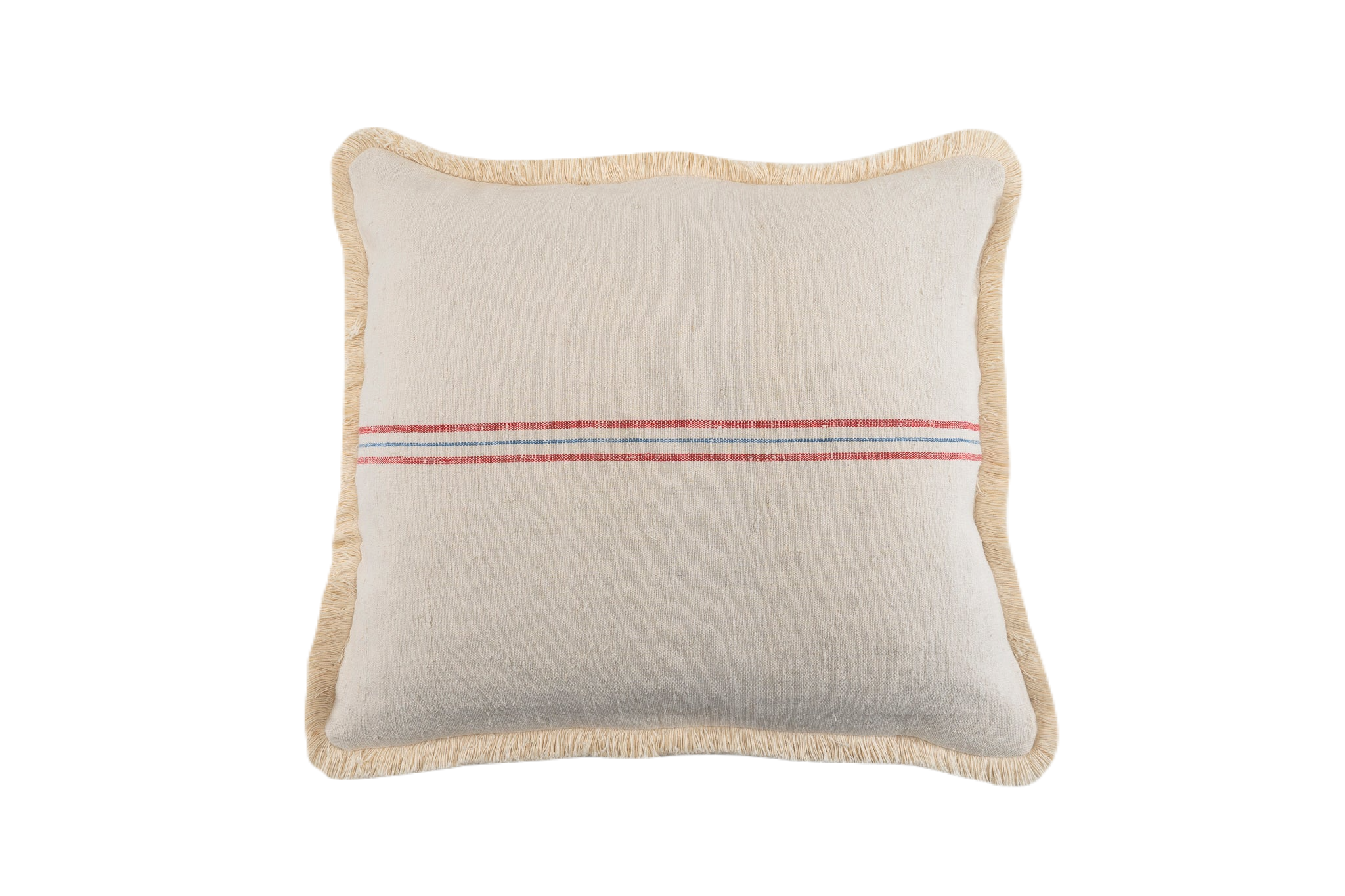 Handwoven antique Hungarian hemp pillow with red stripe and cotton fringe.