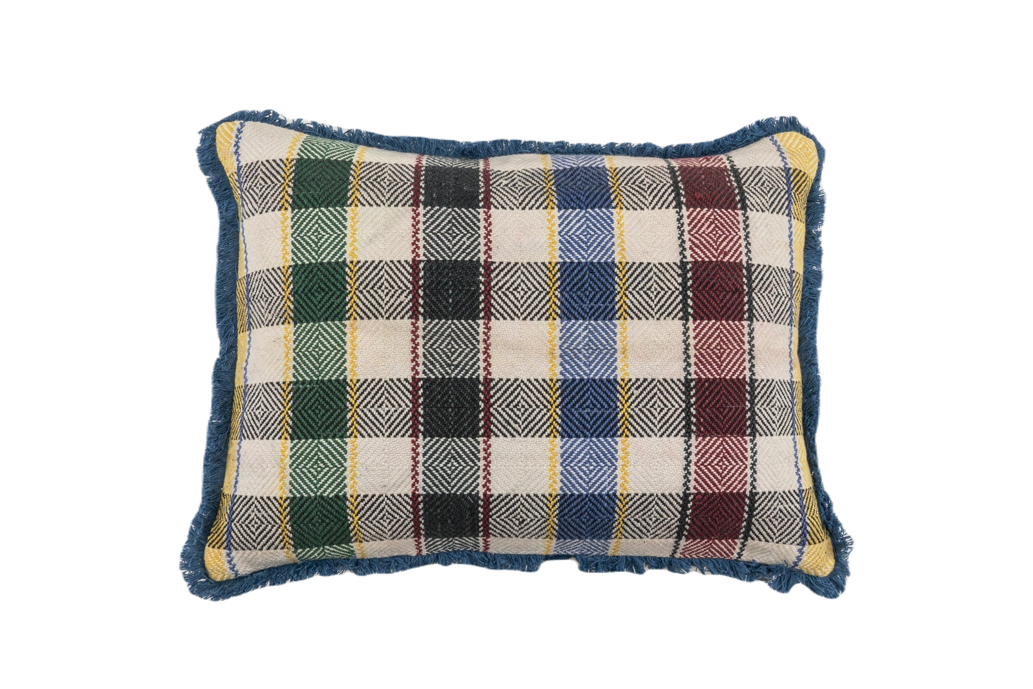Handwoven antique Hungarian hemp pillow with tartan pattern and cotton fringe.