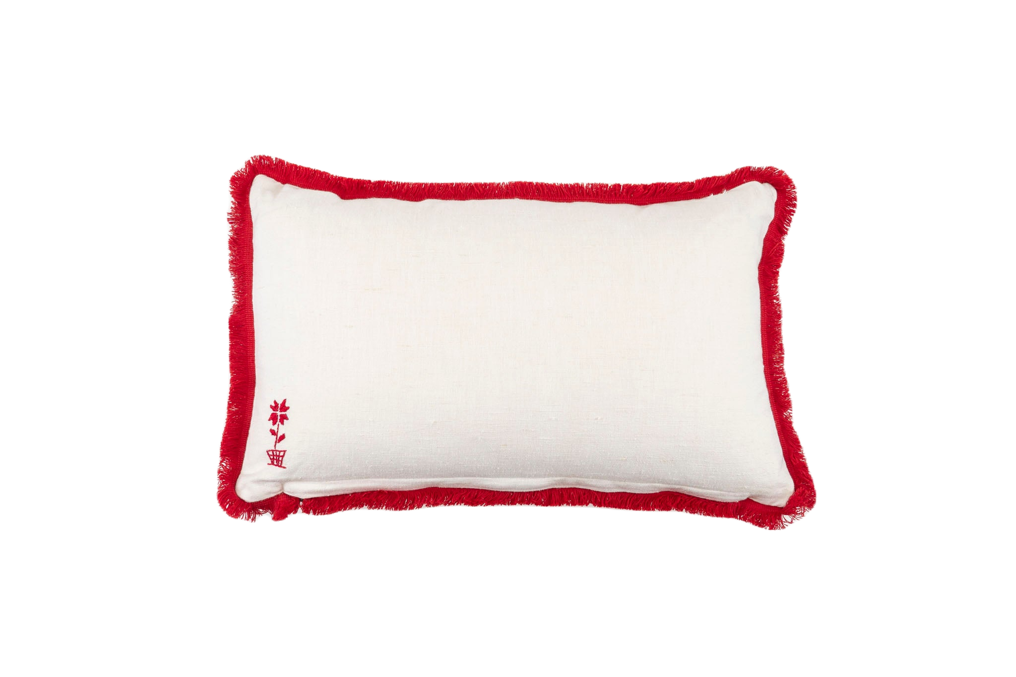 Embroidered antique handwoven Hungarian hemp pillow with red fringe detailing.