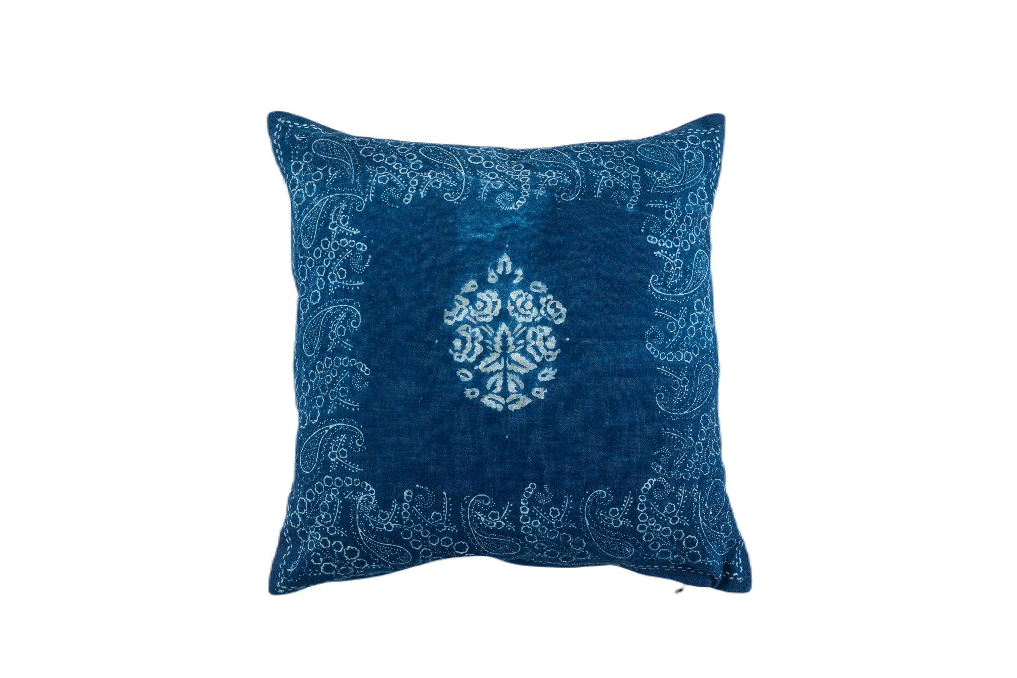 Handwoven antique Hungarian hemp pillow with wax resist indigo design.