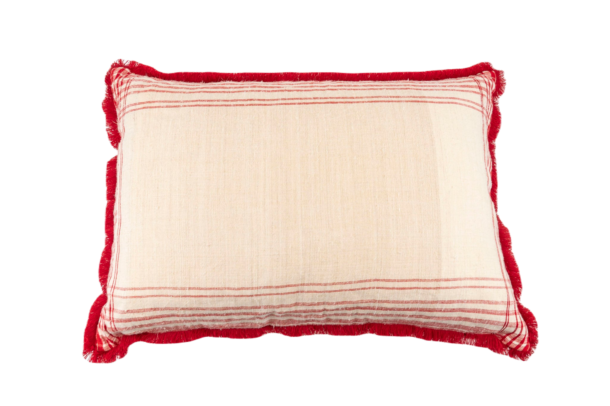 Antique handwoven decorative pillow with red and beige stripes made from Hungarian hemp.