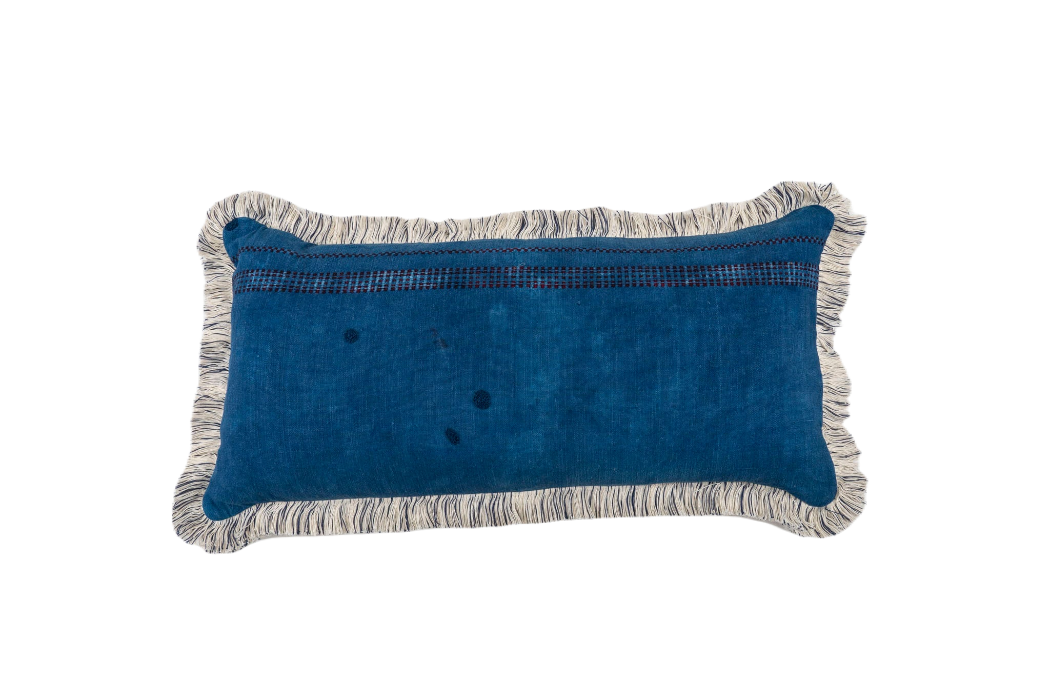 Indigo over dyed antique handwoven hemp pillow with cotton fringe and metal zipper.