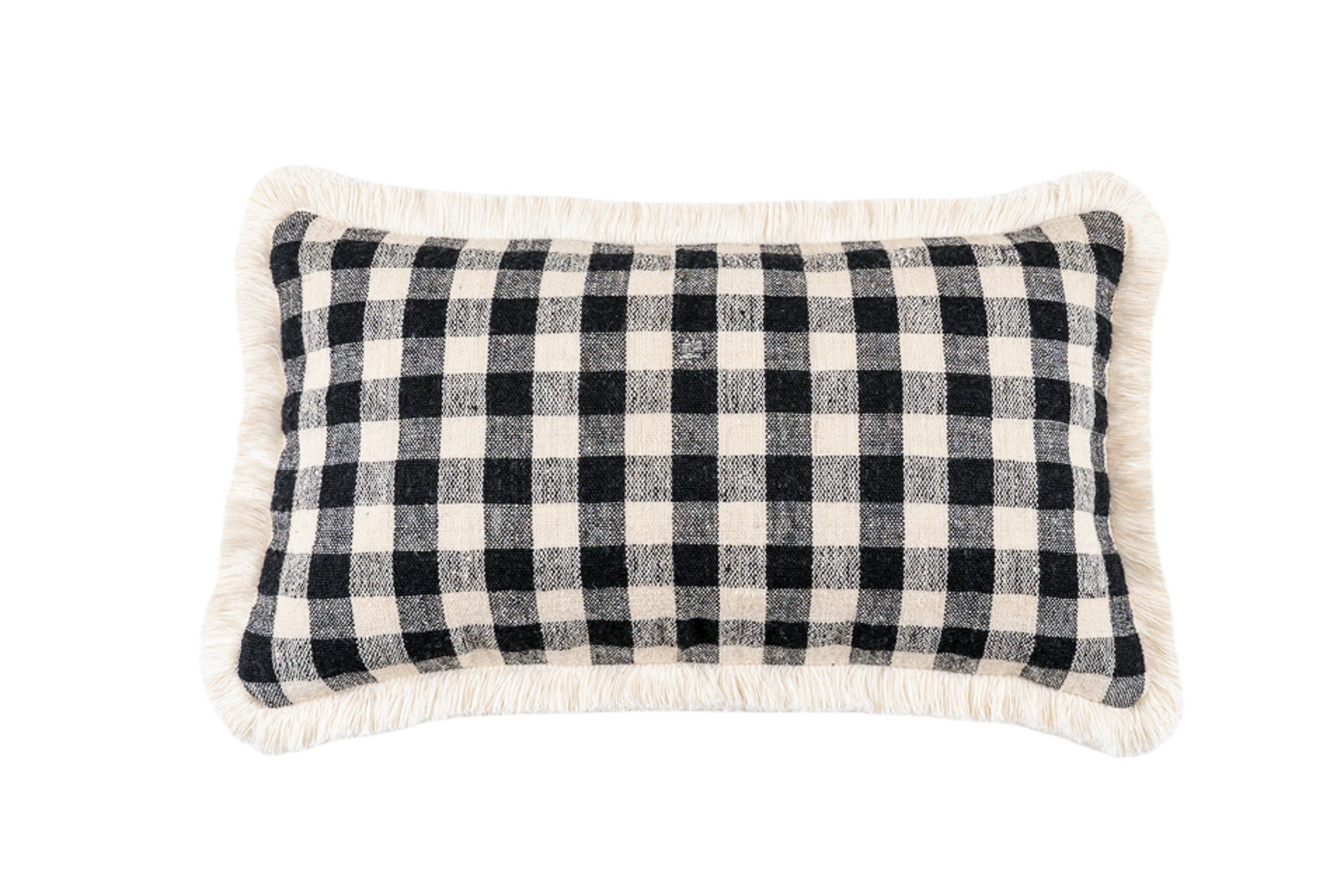 Handwoven antique Bulgarian wool pillow with cotton fringe and checkered pattern.