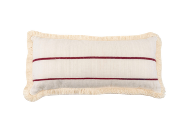 Antique handwoven decorative pillow with intricate patterns and fringe detailing.