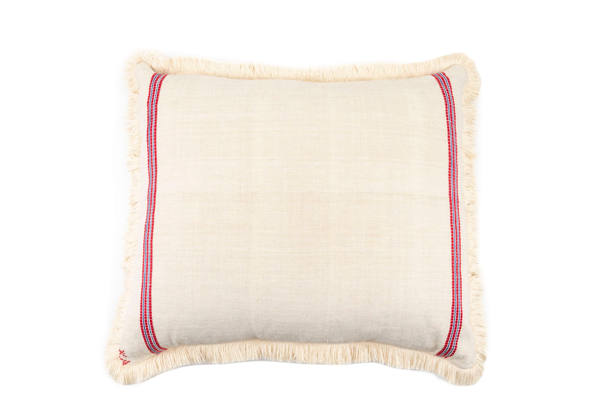 Embroidered antique handwoven Hungarian hemp pillow with fringe.