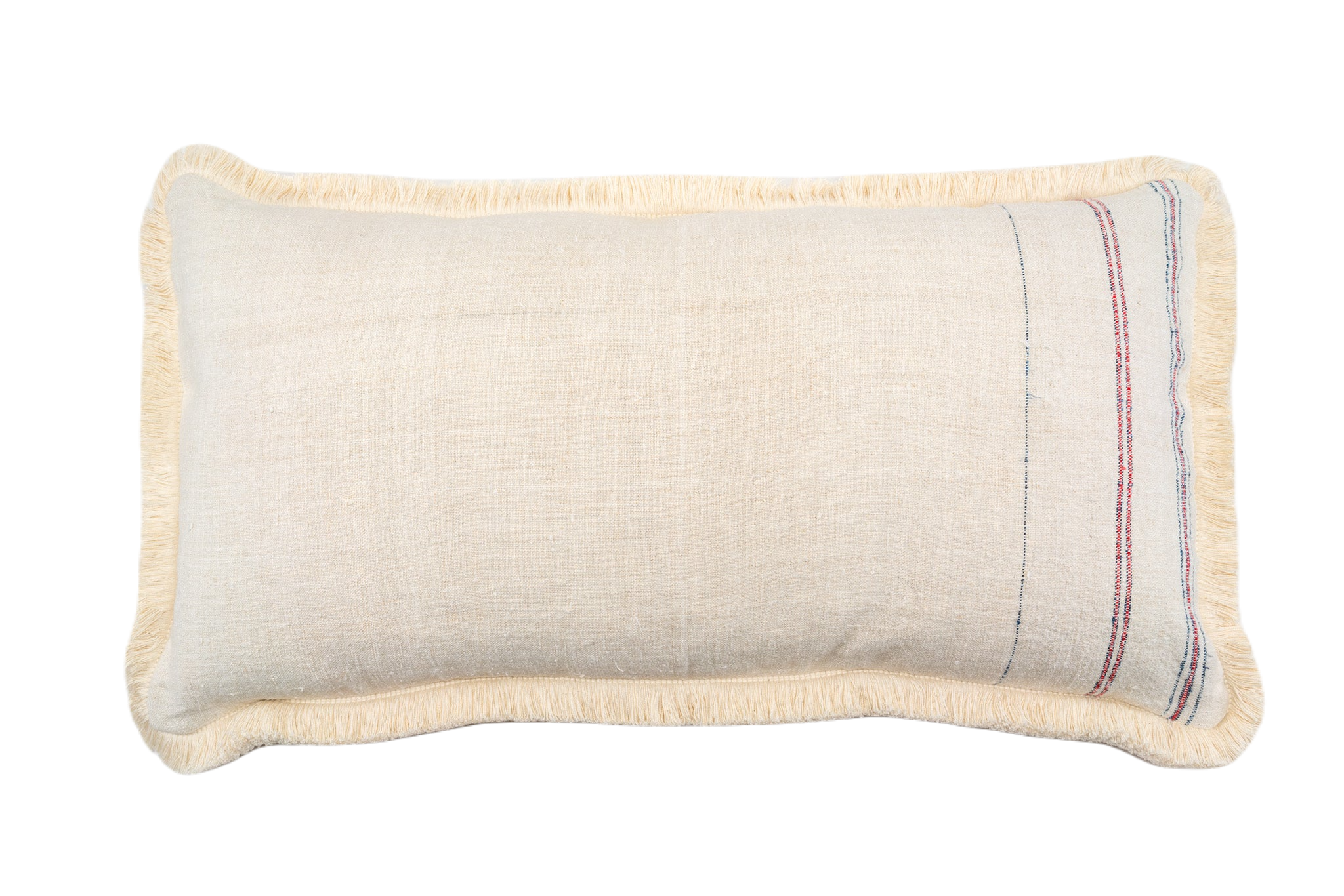 Antique handwoven decorative pillow with fringe, Hungarian hemp fabric.