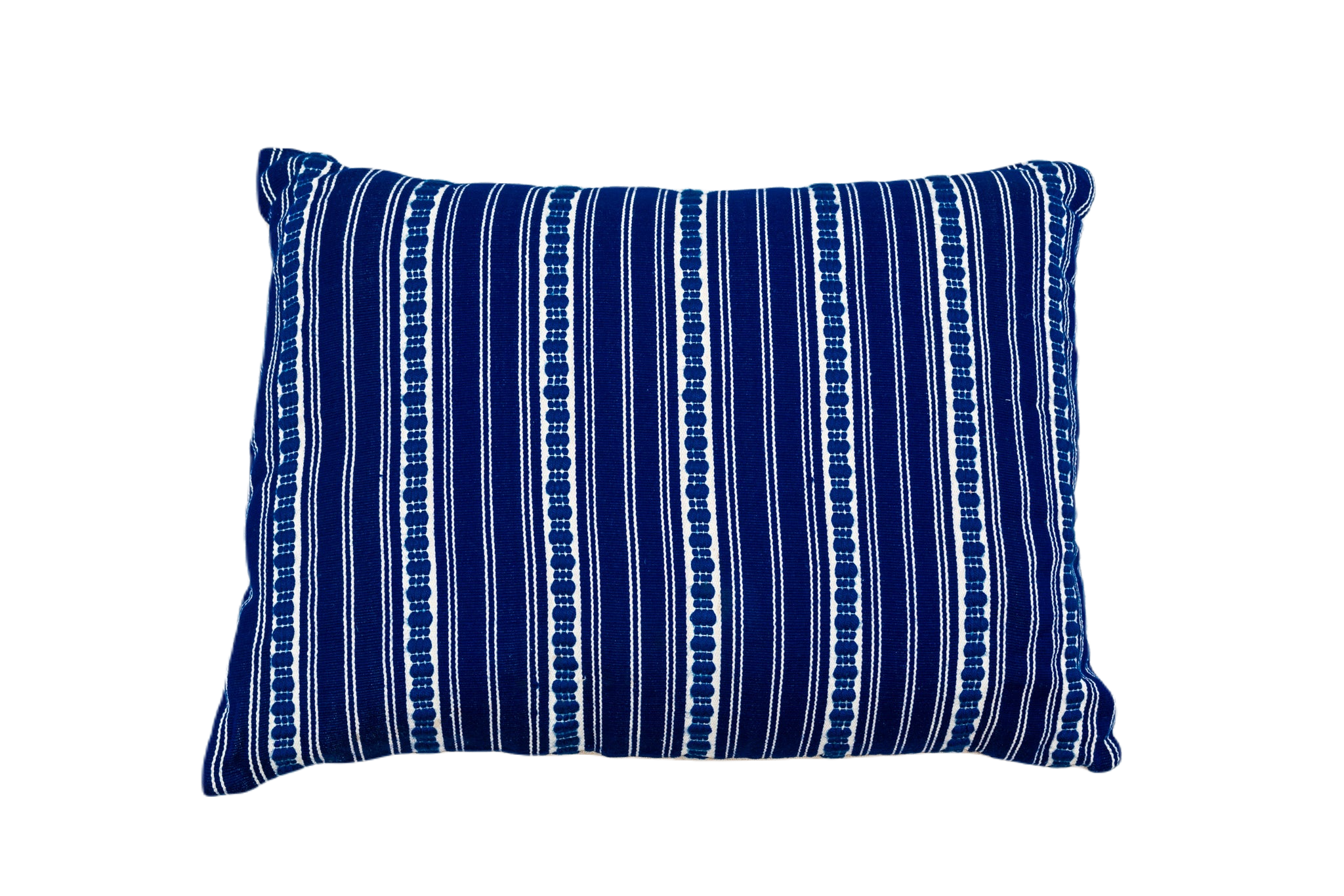 Handwoven antique Hungarian hemp pillow with blue striped pattern.