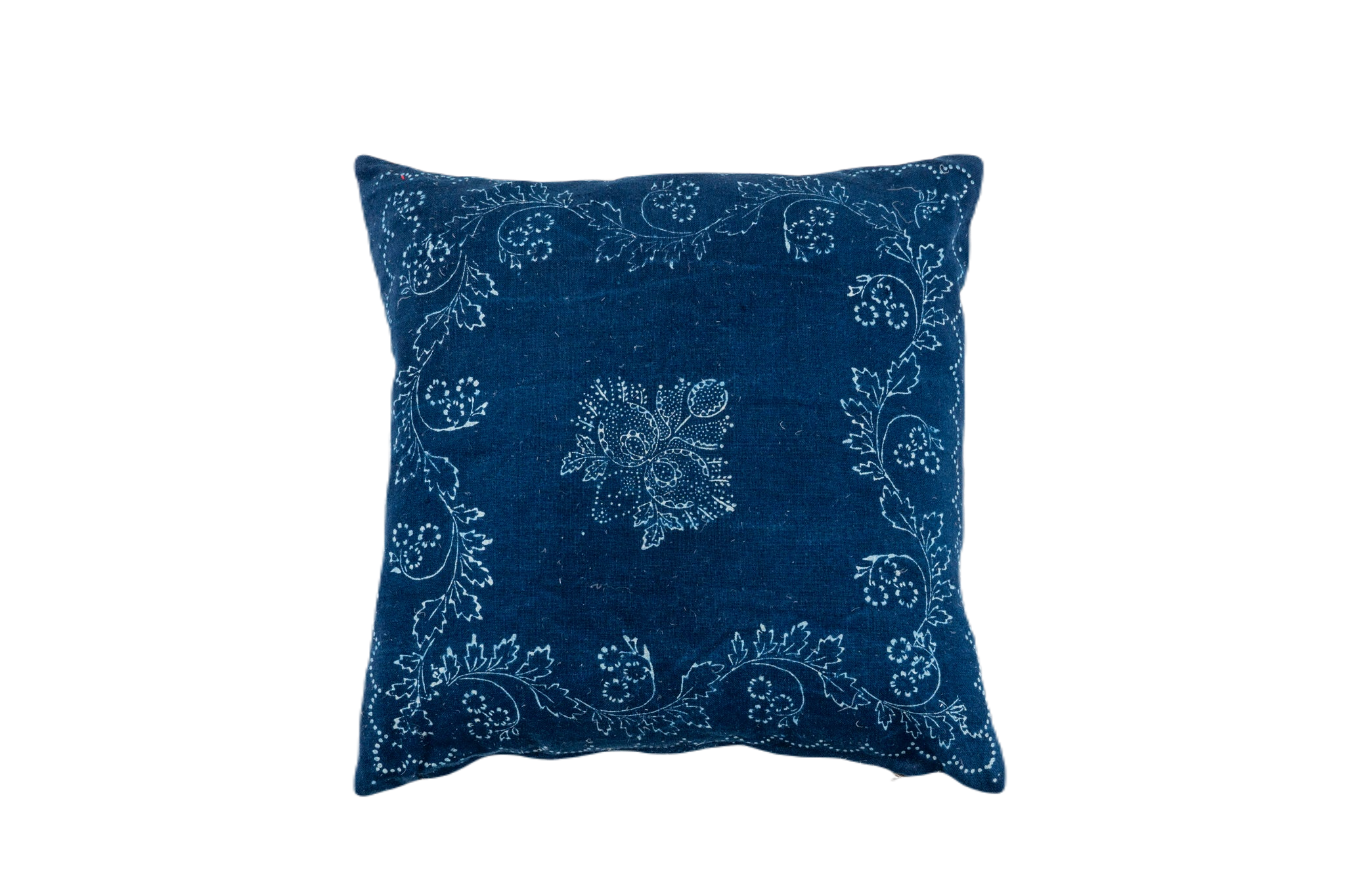 Handwoven antique Hungarian hemp pillow with intricate blue floral design.