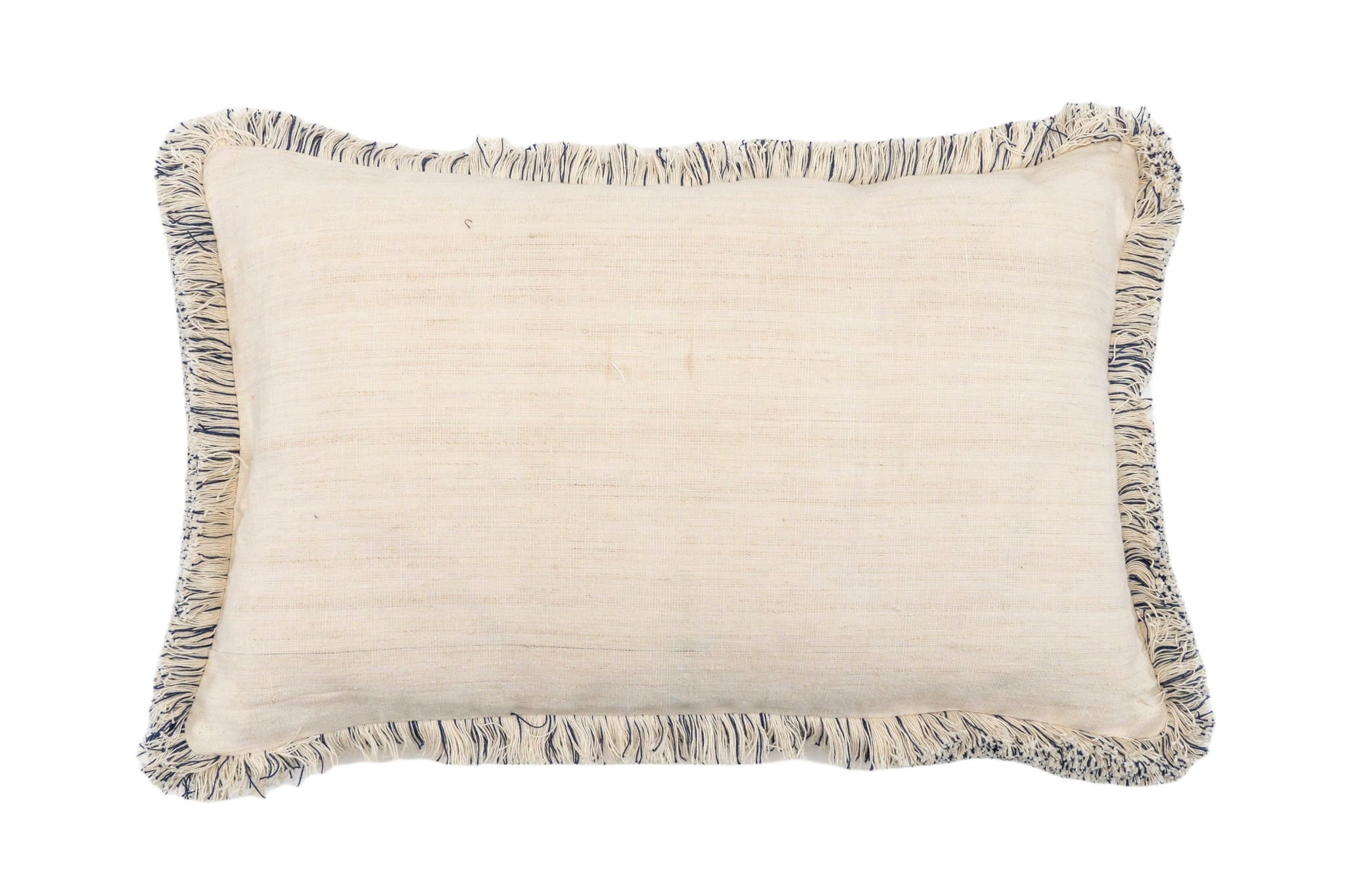 Handwoven antique Hungarian hemp pillow with rustic texture and fringe detail.