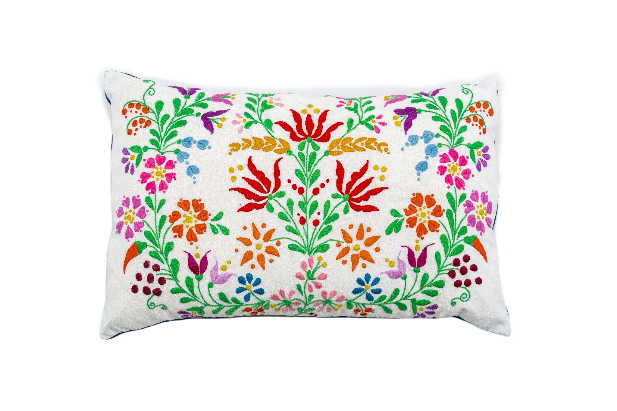 Handwoven antique Hungarian hemp pillow with colorful embroidery.