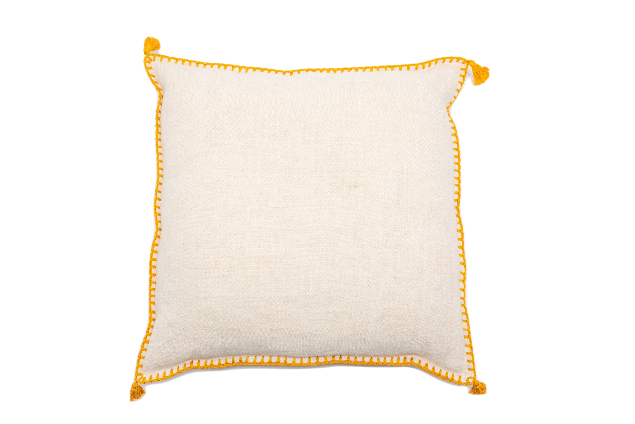 Antique handwoven decorative Hungarian hemp pillow with yellow edging.
