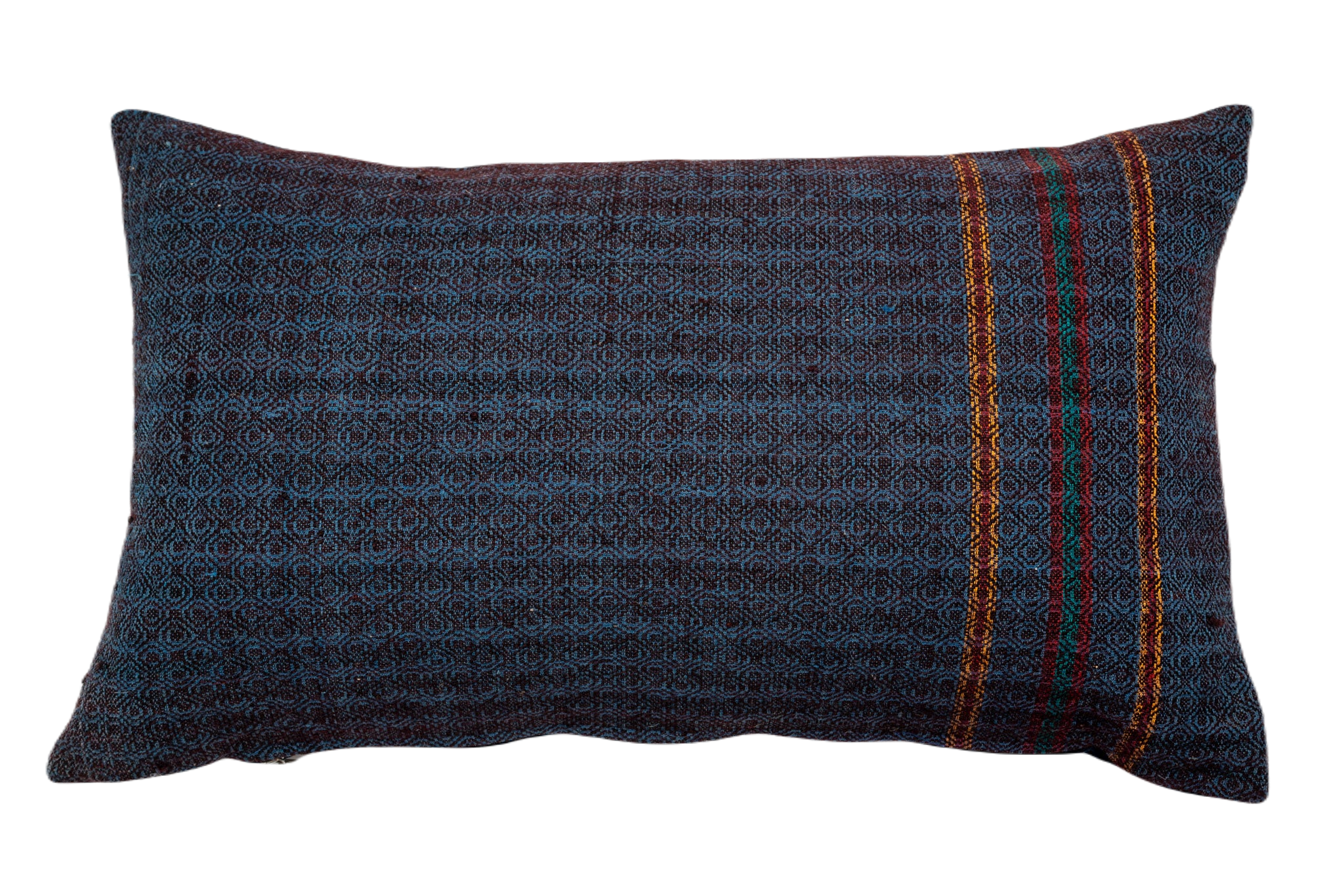 Antique handwoven decorative pillow made from Romanian wool with colorful striped design.