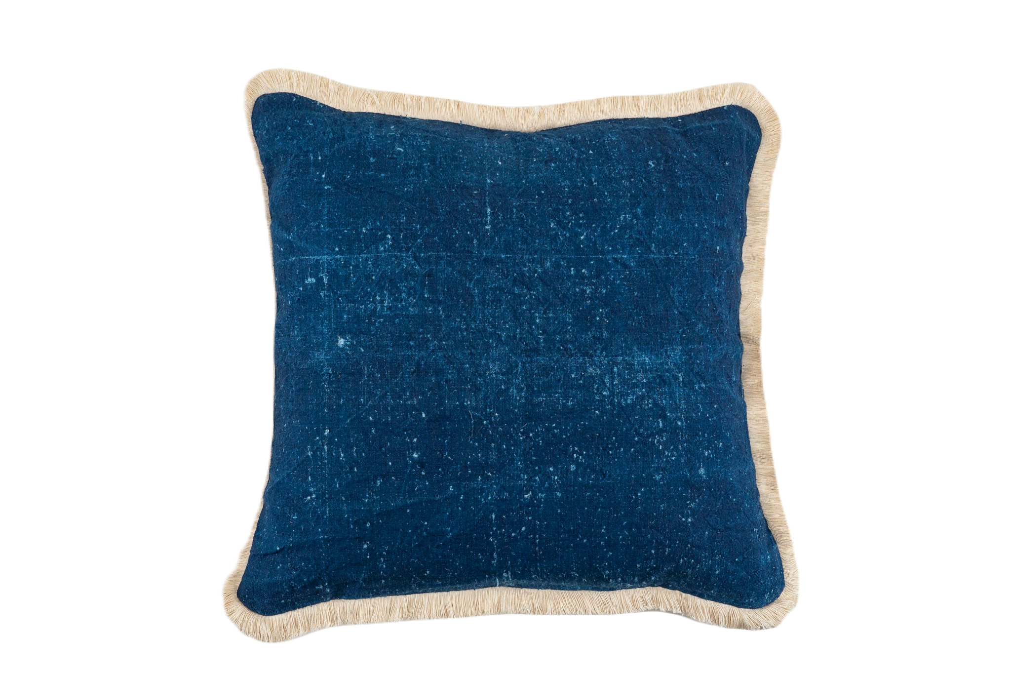 Antique handwoven Hungarian hemp pillow, indigo blue, cotton fringe.