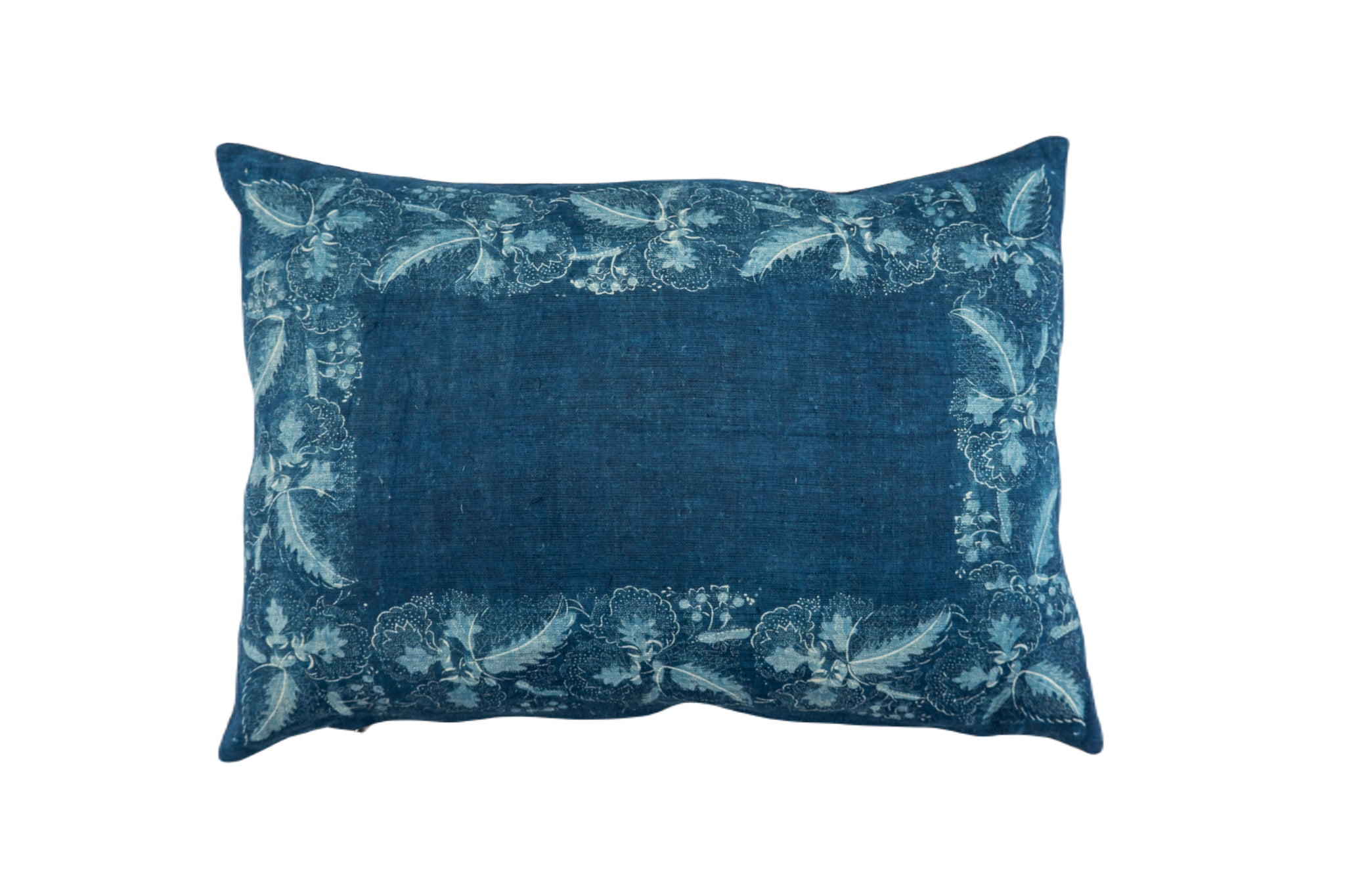 Handwoven antique Hungarian hemp pillow with wax resist indigo design.