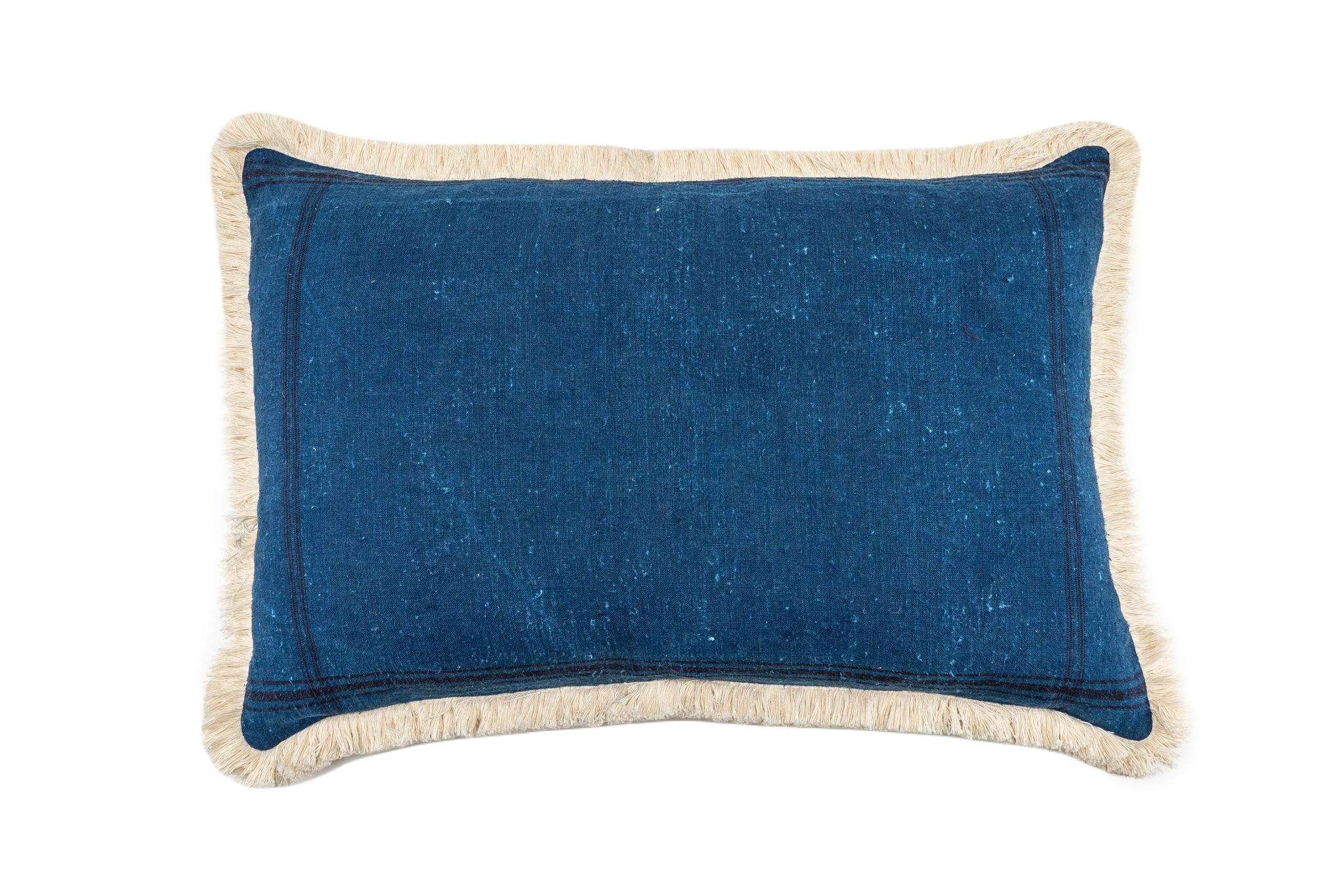 Indigo Overdyed Antique Hemp Pillow with rustic texture and fringe trim.