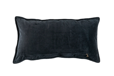 Handwoven Romanian artifact textile pillow with black cotton velvet back.