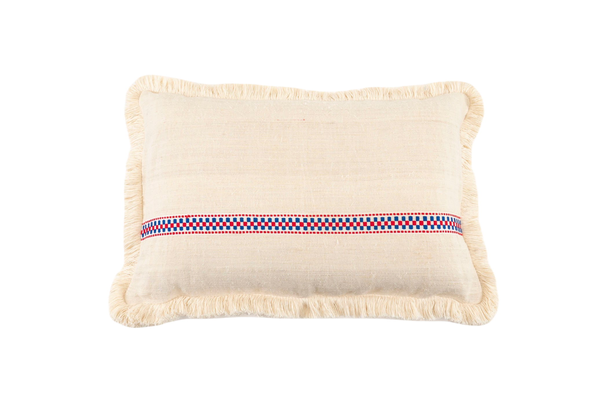 Handwoven antique Hungarian hemp pillow with decorative pattern and cotton fringe.