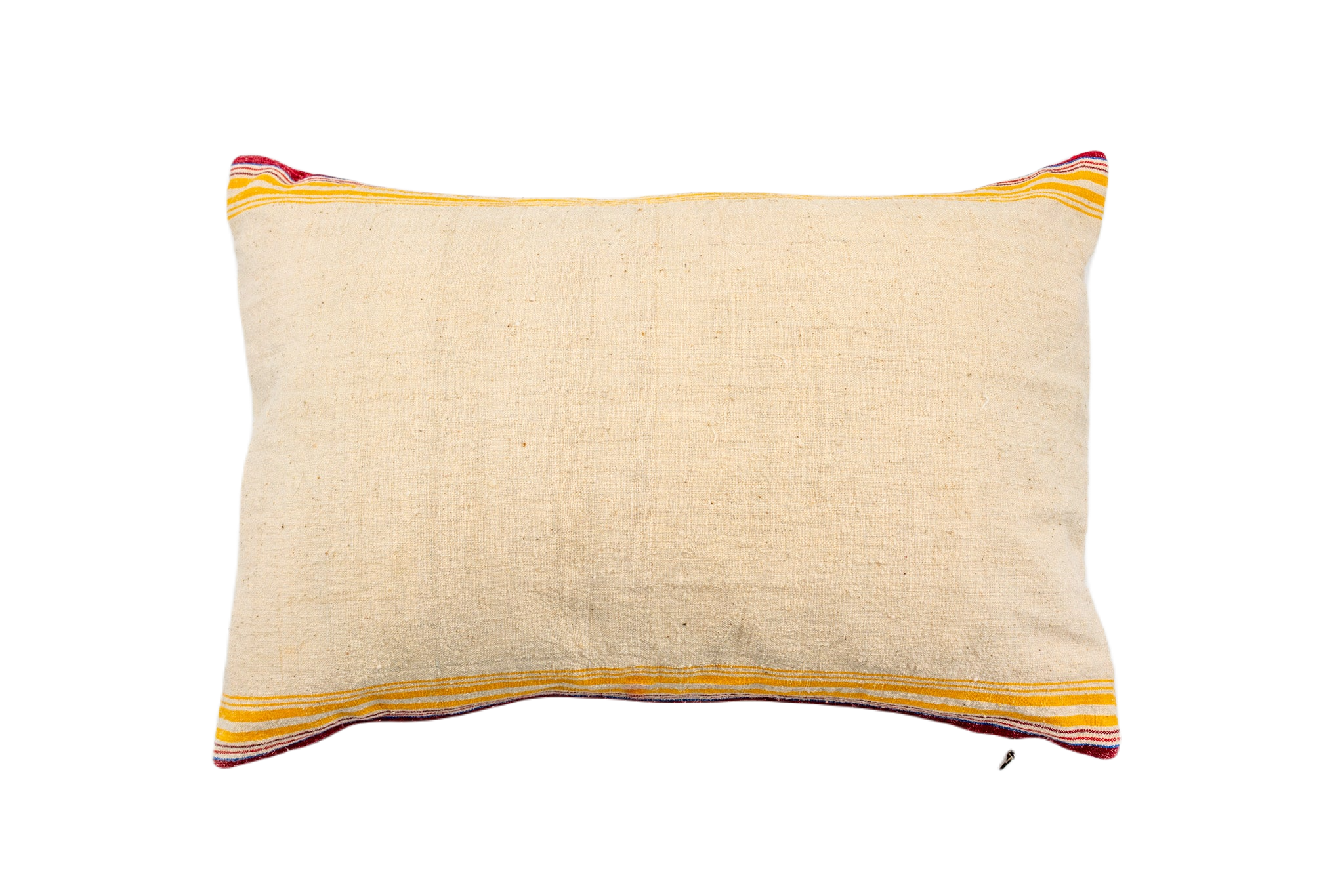 Antique handwoven decorative pillow with colorful striped accents.