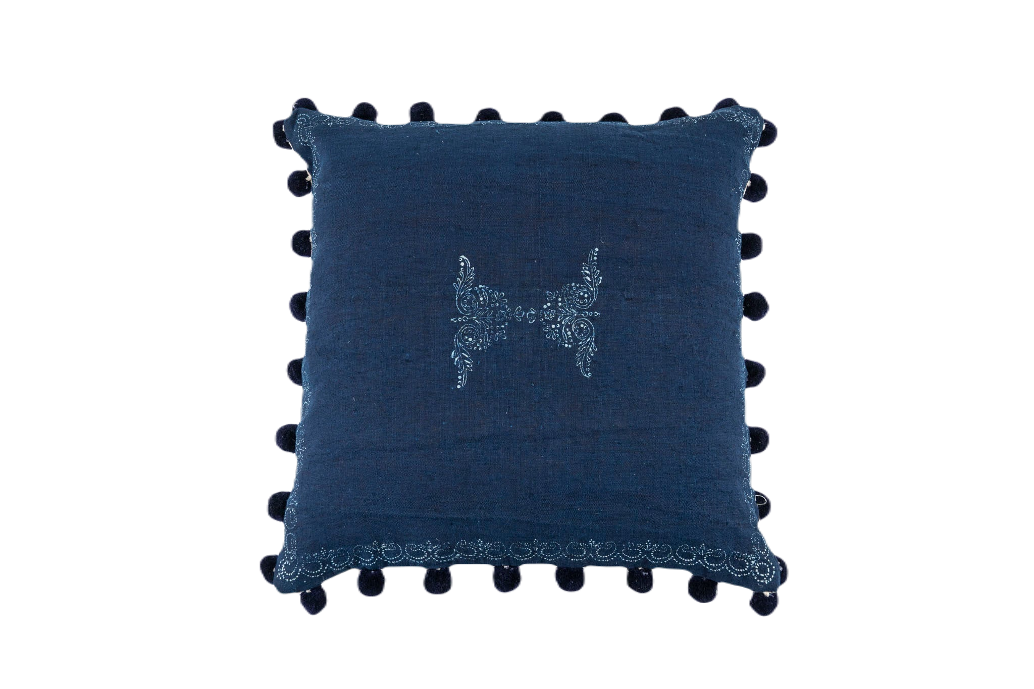 Handwoven antique Hungarian hemp pillow with indigo wax resist pattern.
