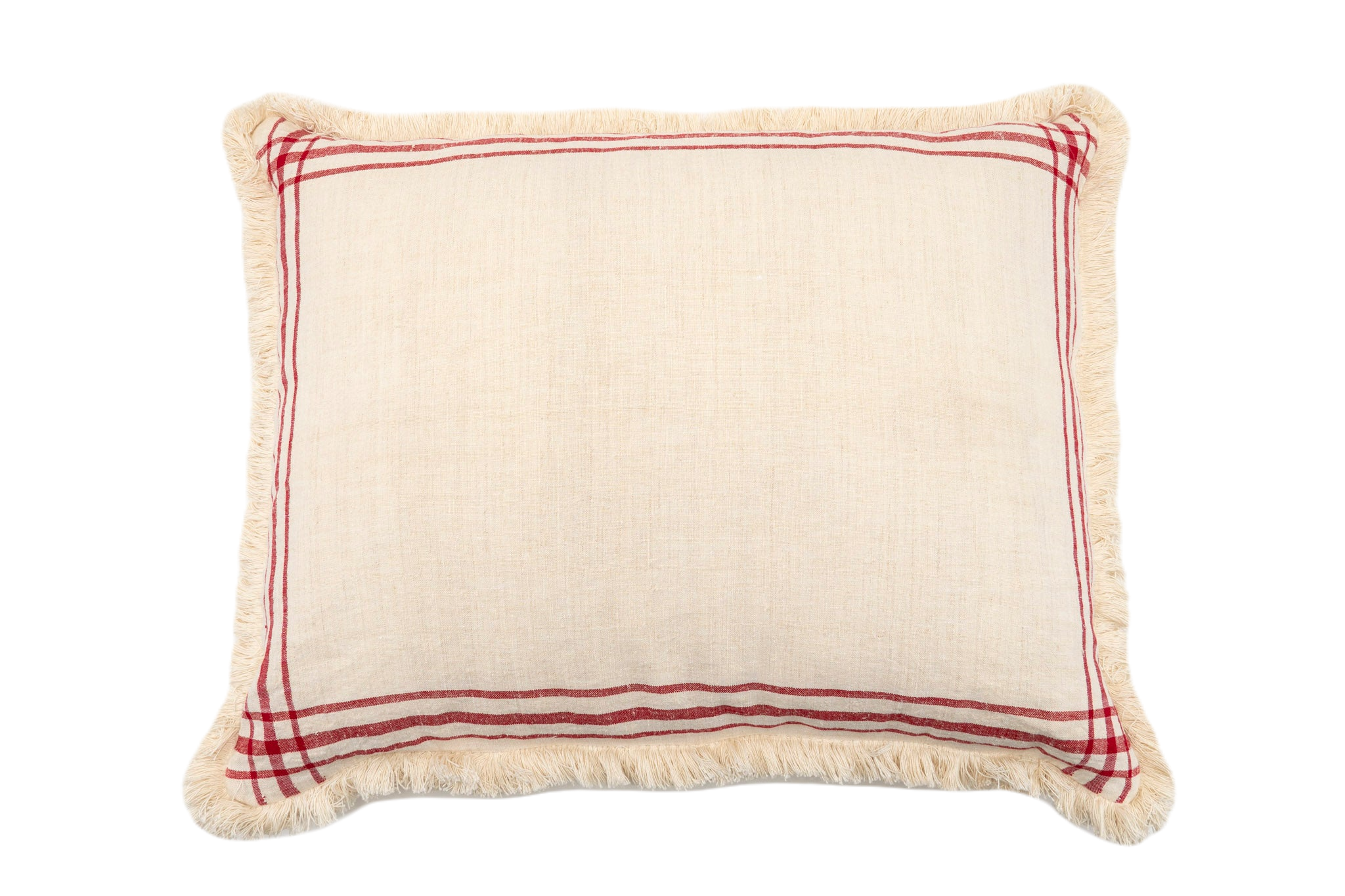 Handwoven hemp cloth pillow with red trim and fringe edges.
