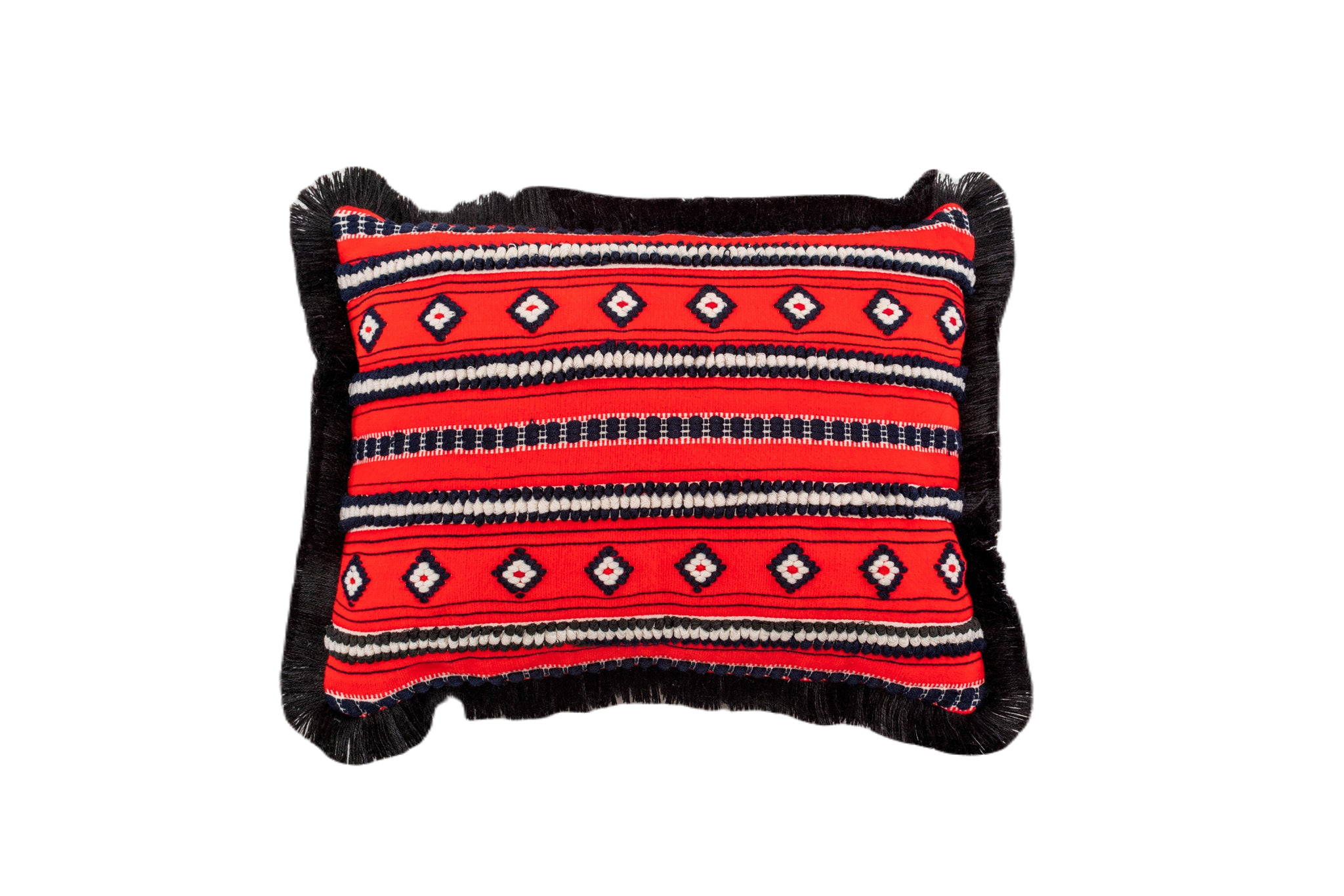 Embroidered handwoven antique Hungarian hemp pillow with vibrant red and black patterns.