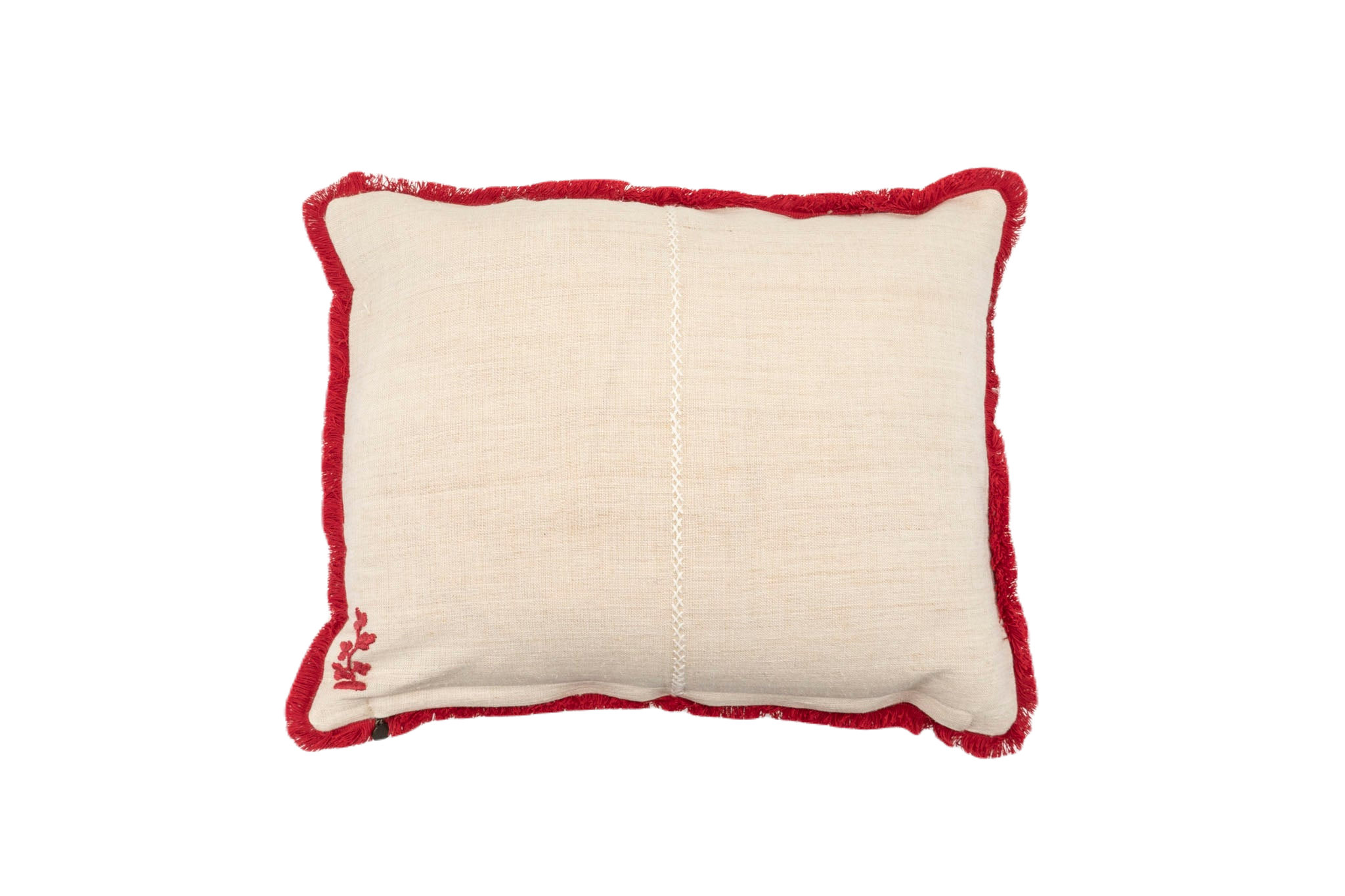 embroidered antique Hungarian hemp pillow with red trim and floral design