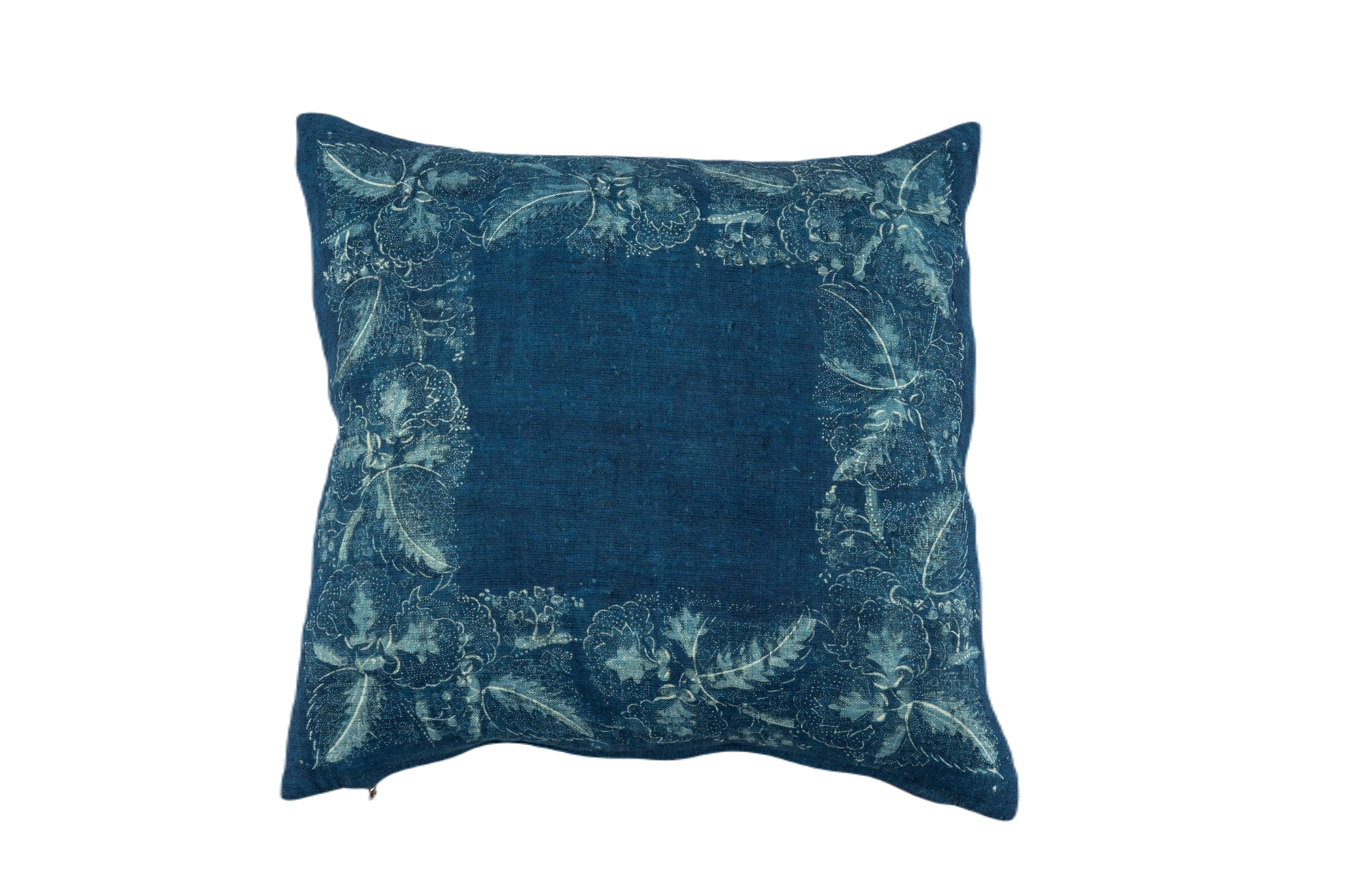 Handwoven antique Hungarian hemp with indigo dye and floral design.