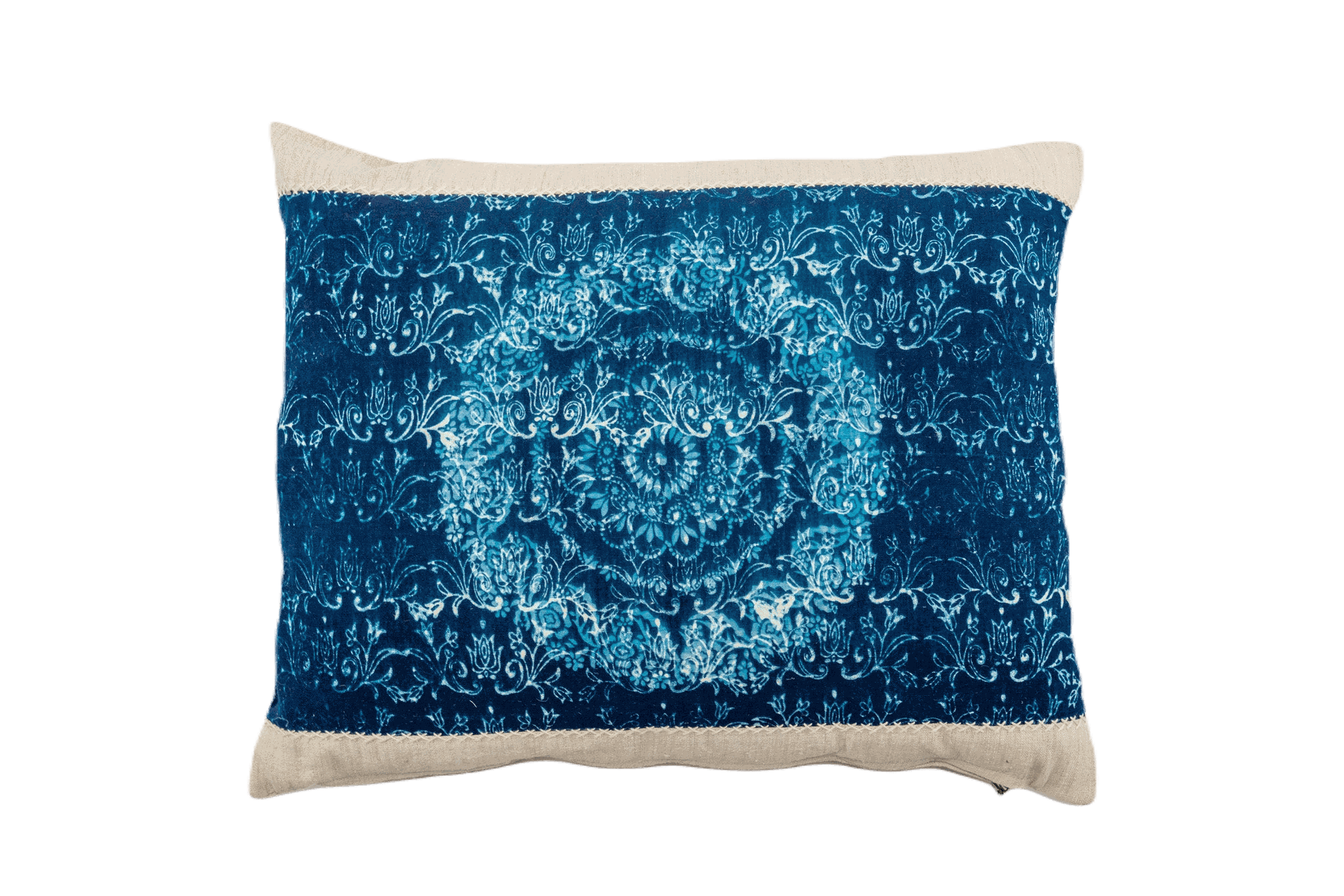 Handwoven antique Hungarian hemp pillow with indigo dye and metal zipper.
