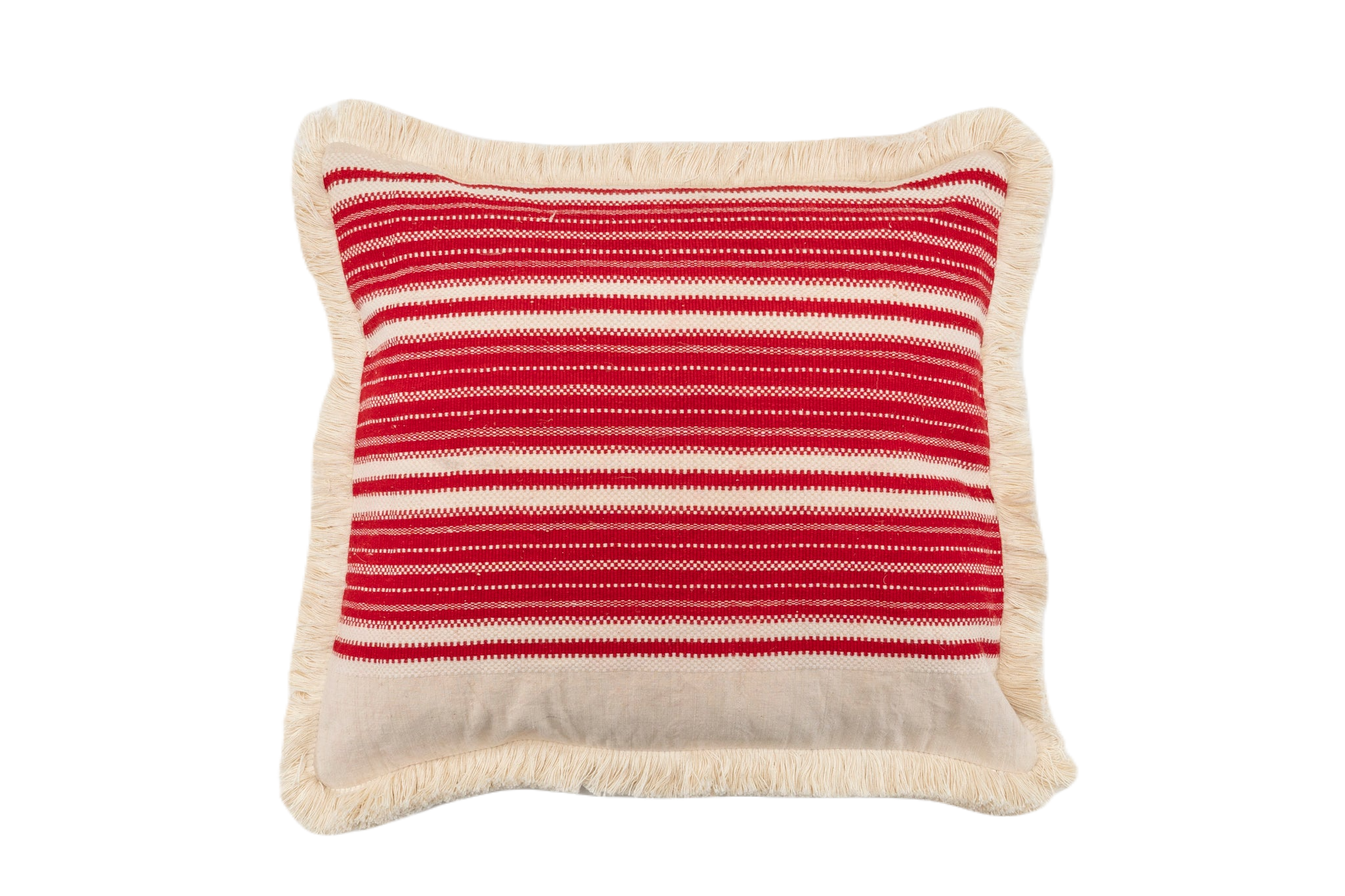 Handwoven antique Hungarian hemp pillow with red and cream stripes and cotton fringe.