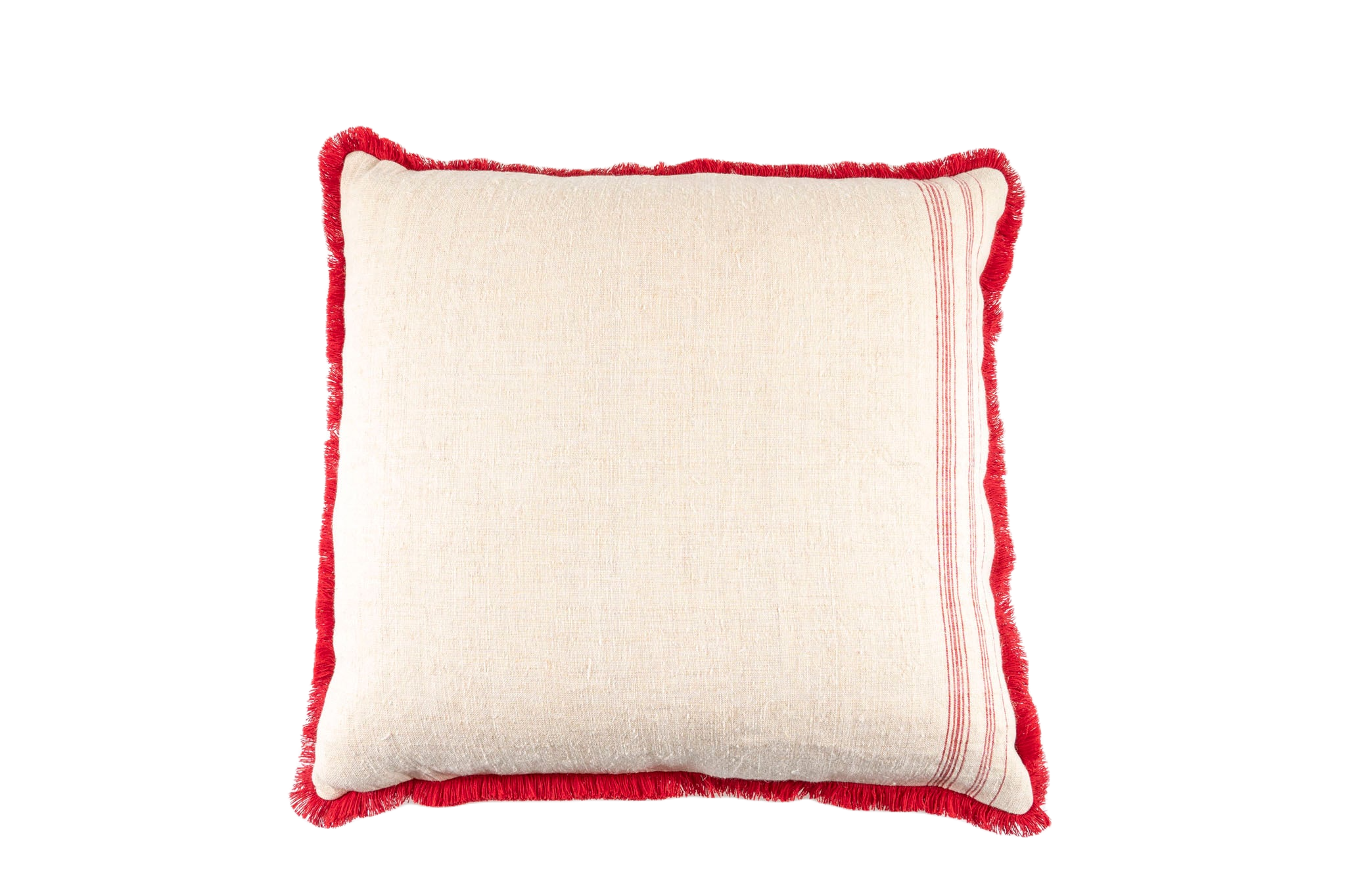 Handwoven antique Hungarian hemp pillow with red fringe detailing.