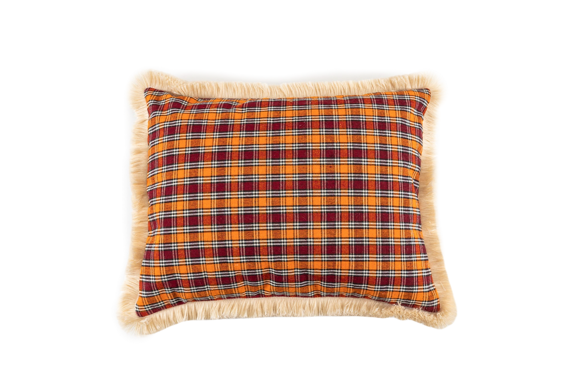Handwoven antique Bulgarian wool pillow with tartan pattern, merino wool fringe, and cotton velvet back.