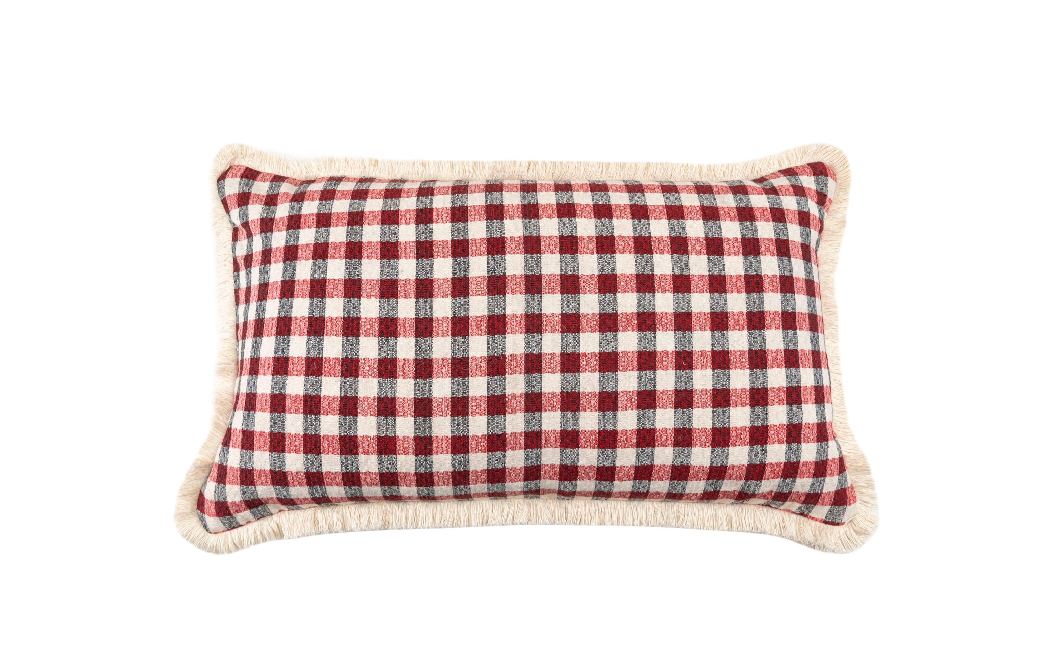 Handwoven Antique Hungarian Textile with red and white checkered pattern and fringe.