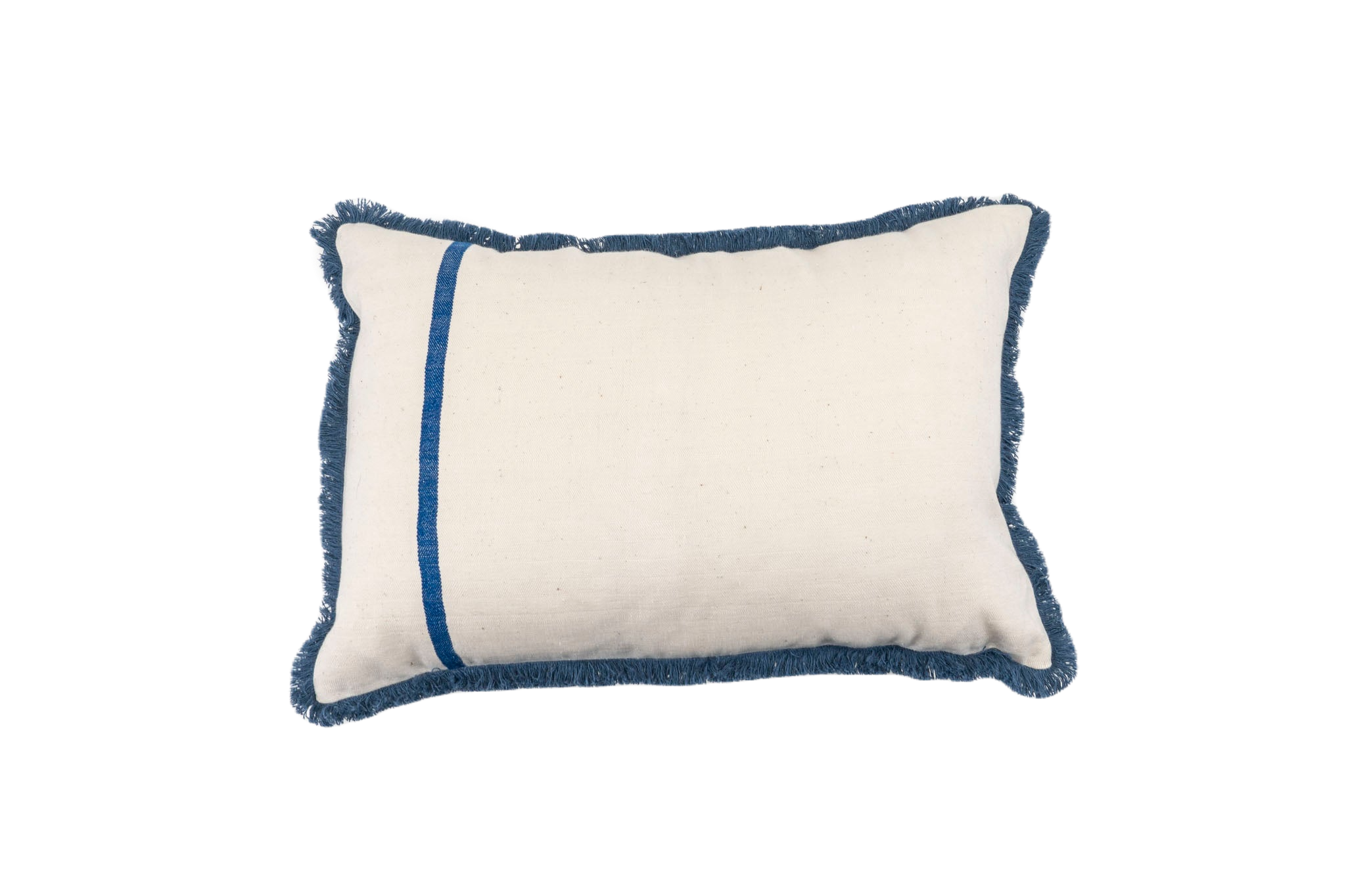Handcrafted vintage Hungarian hemp pillow with blue trim, eco-friendly home decor.