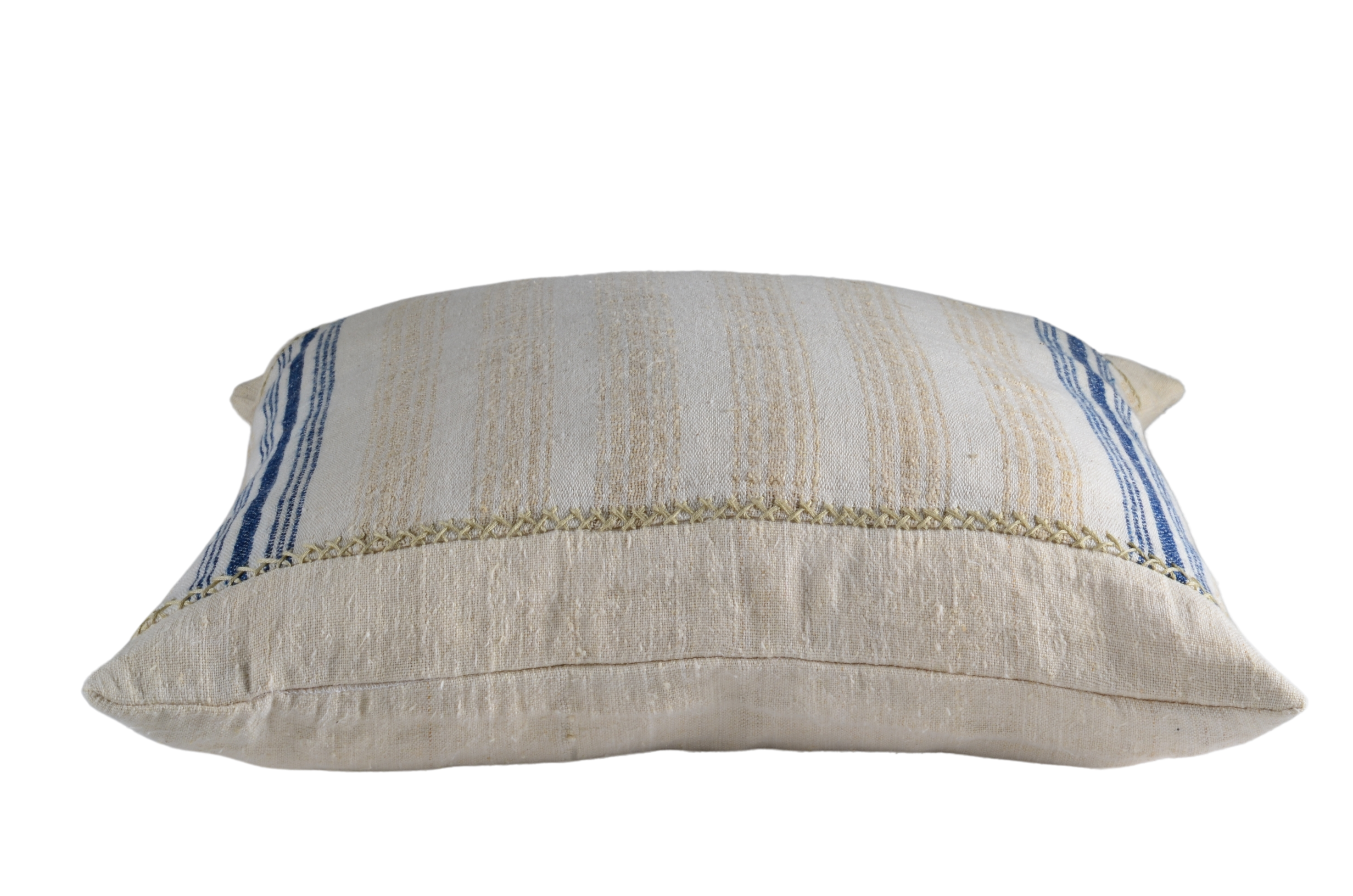 Handwoven antique hemp pillow with blue stripes and natural tones.