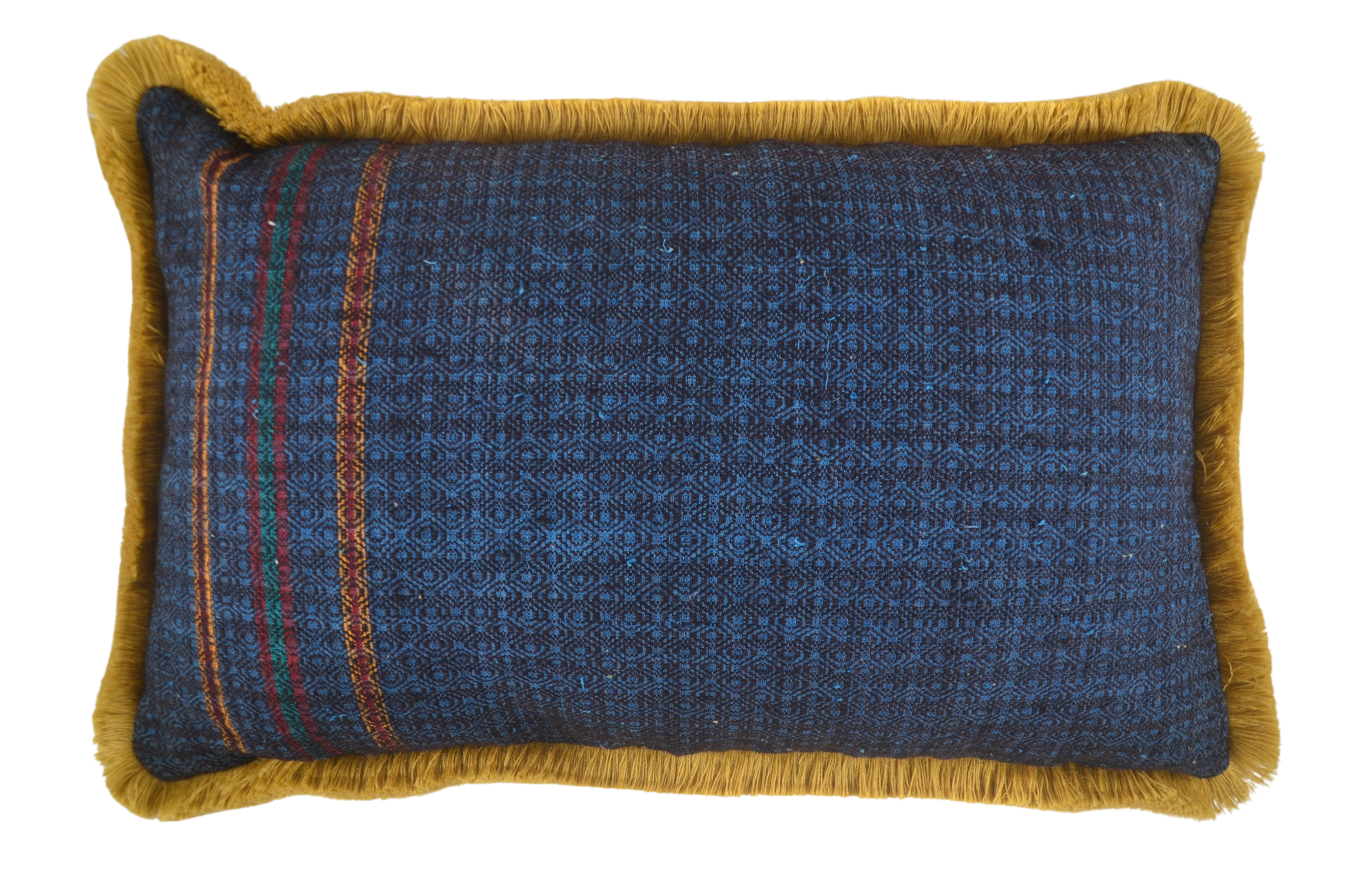 Handwoven antique hemp pillow with fringe and intricate detailing.