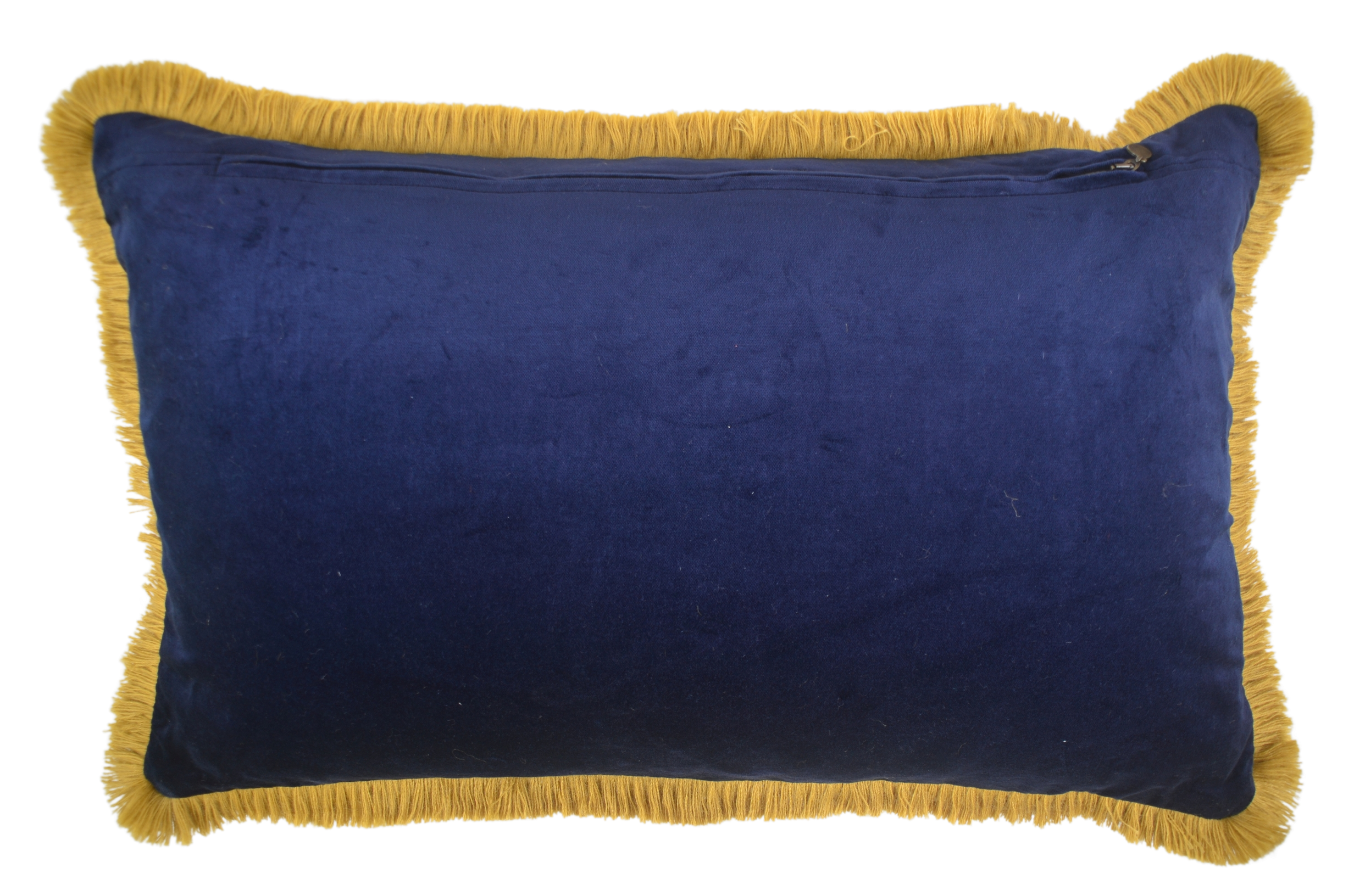 Handwoven antique hemp pillow with cotton velvet and yellow fringe.