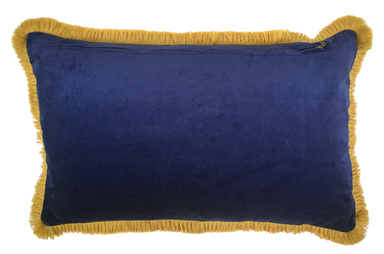 Handwoven antique hemp pillow with cotton velvet and yellow fringe.